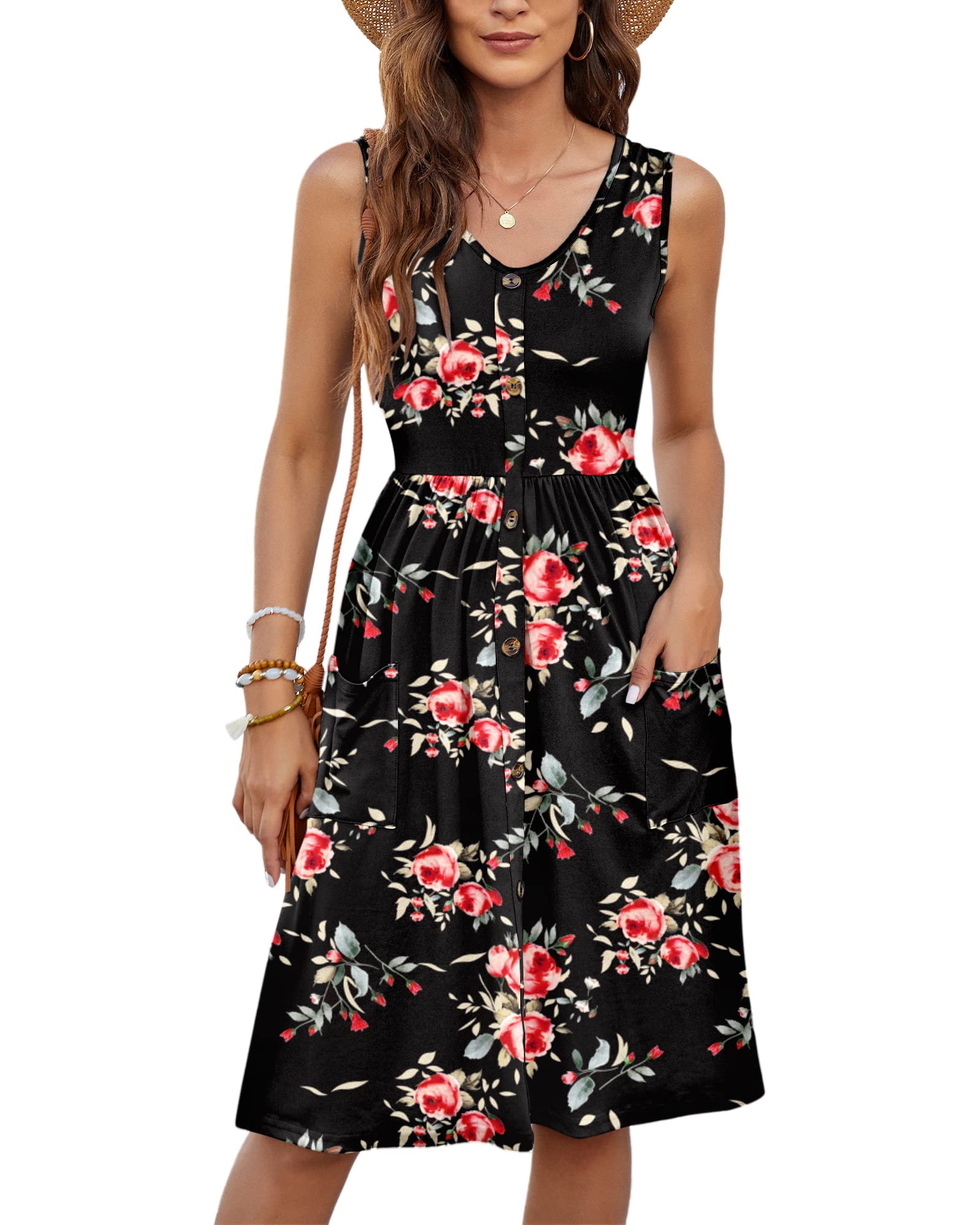 MOLERANI Abiti Estivi da Donna Abito Midi Senza Maniche Casual Allentato con Bottoni e Tasche