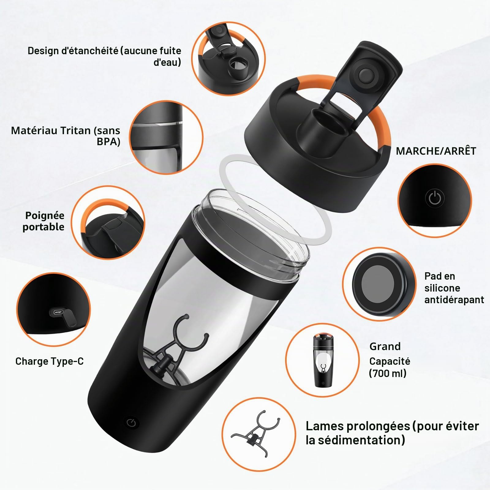 Shaker electrique, 700ml shaker électrique avec compartiment à poudre, shaker proteine rechargeable USB C, sans BPA (noir)