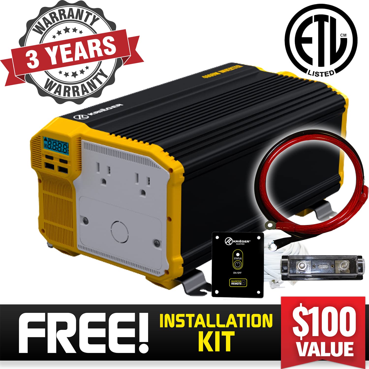 Buy Krieger 4000 Watt 12V Power Inverter Dual 110V AC Outlets, Installation Kit Included