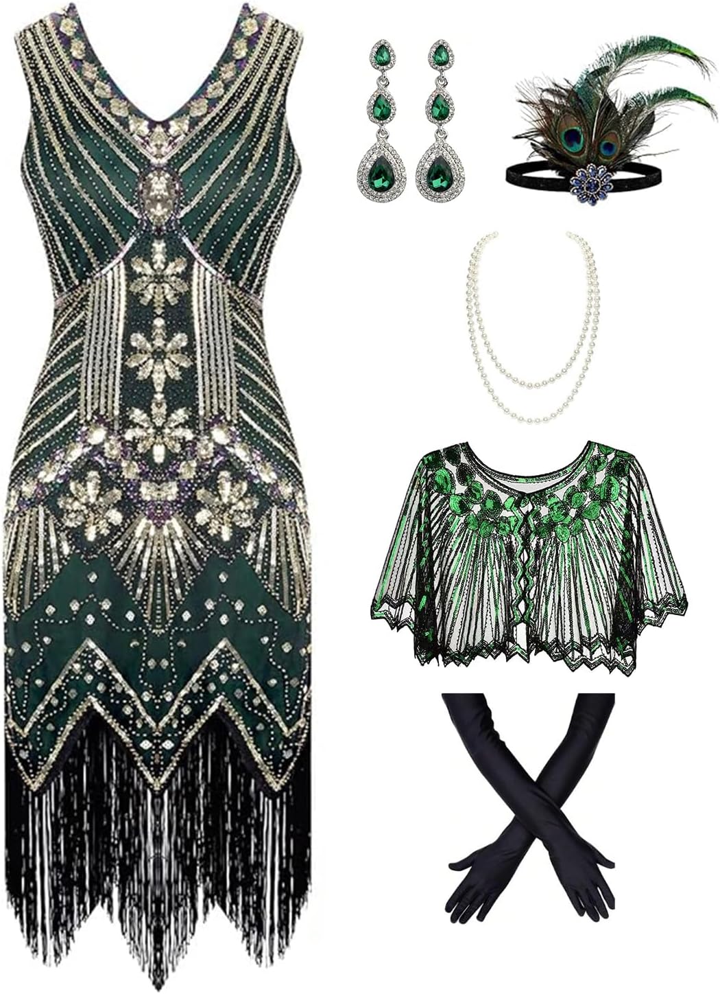 868 - Plus Size 1920s Vintage Fringed Sequin Beads Cold Shoulder Tassels Flapper Party Cocktail Dress