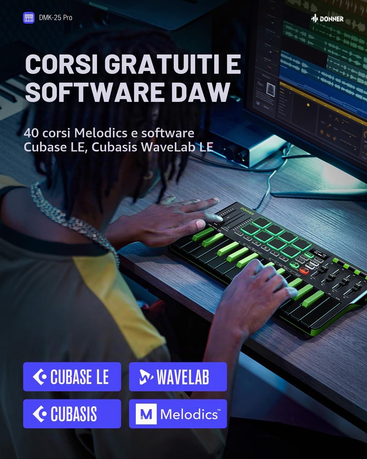 Donner DMK25 Pro - Controller MIDI per tastiera, 25 mini tasti, controller MIDI USB-C portatile con 8 drum pad, display OLED, touch bar personalizzato, software di produzione musicale e 40 corsi di