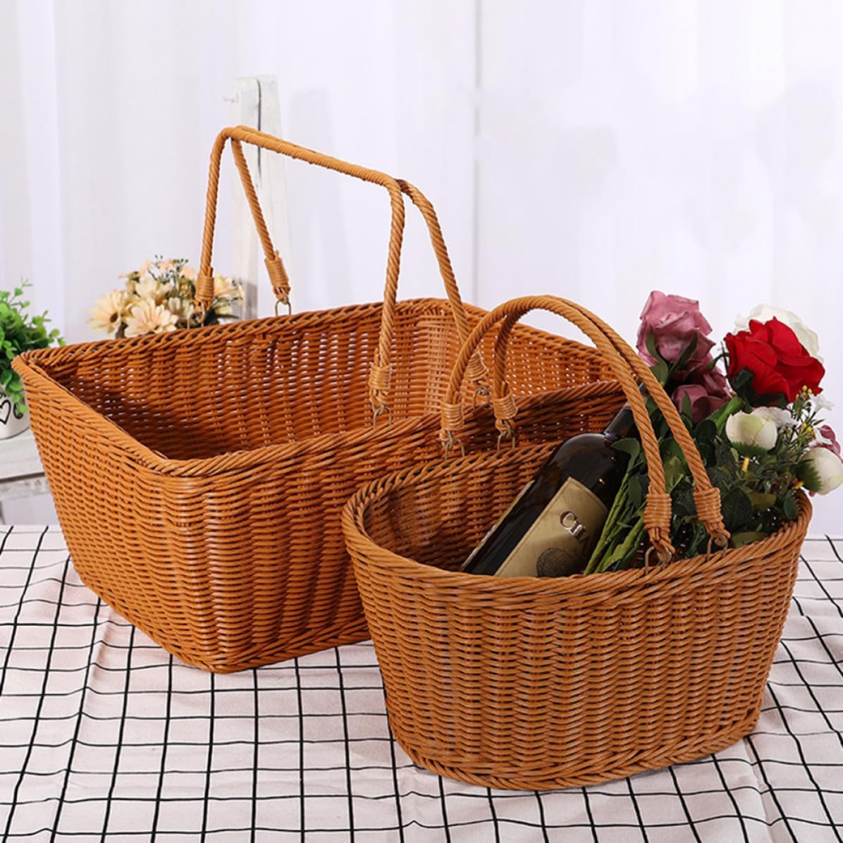 Simulation Rattan Woven Shopping Basket, Oval PP Decorative Basket