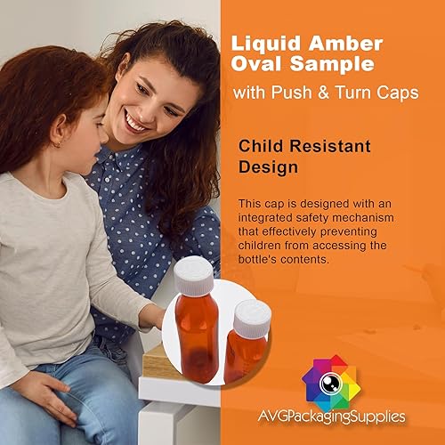 Miniatura 5 de Botellas de muestra ovaladas de ámbar líquido con tapas de empuje y giro, recipientes para medicamentos recetados de farmacia resistentes a los