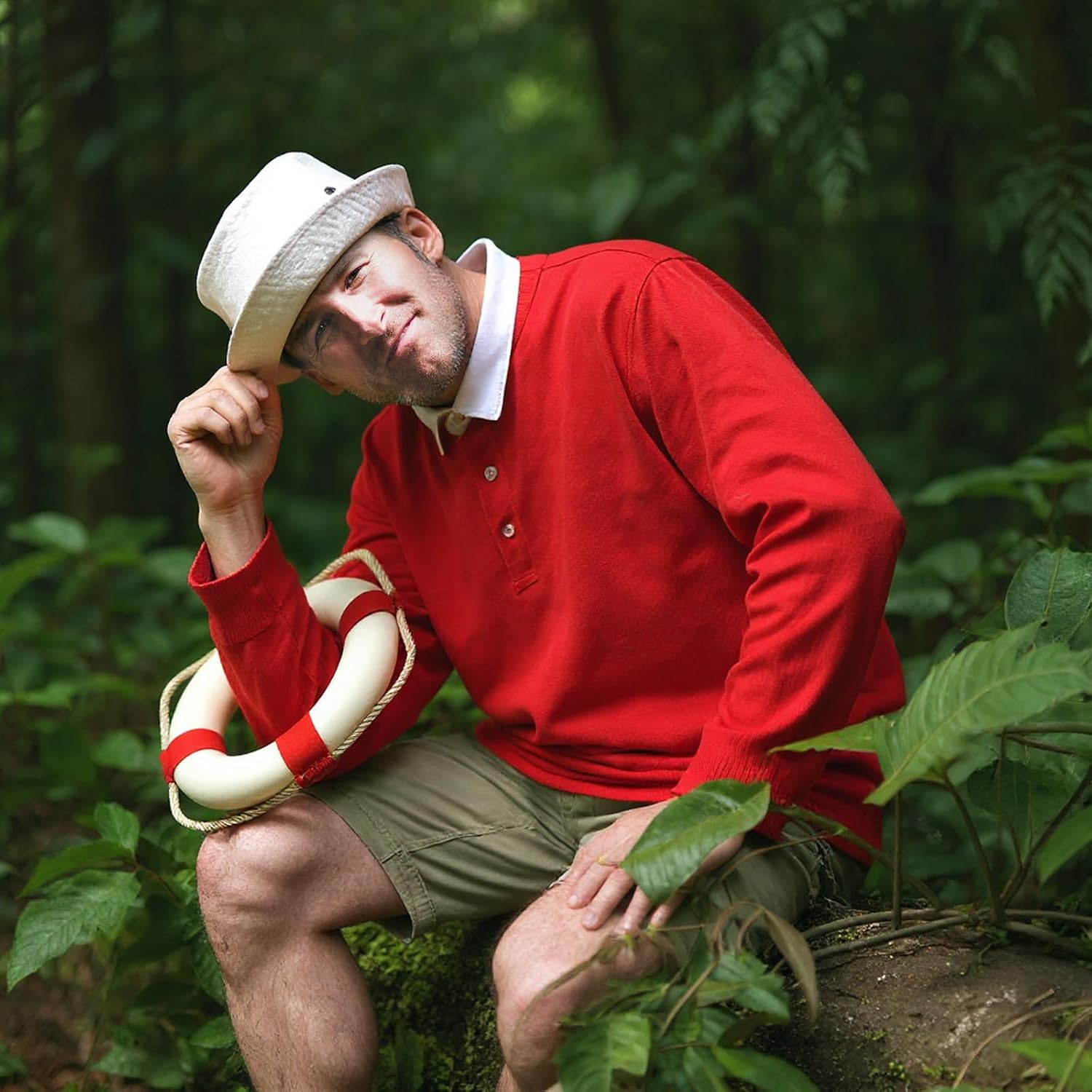 Men Shirt Hat Outfit with Life Preserver Ring Decorative, Adult Halloween Cosplay Shirt Cap Suit Set