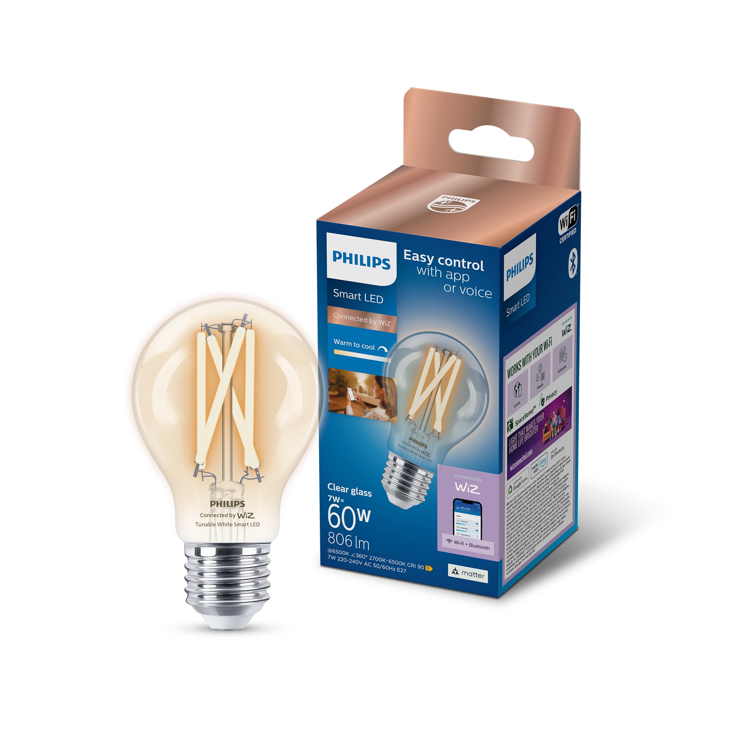 Philips Wiz Led Filament Tunable White Smart Light Bulb A60 E27 7W In Clear