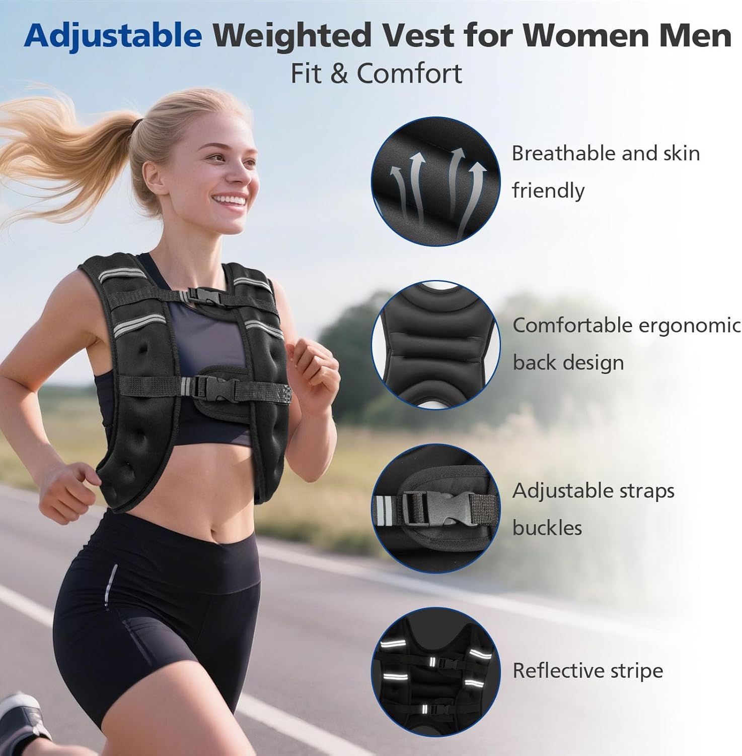 Weighted Vest 8/12/16/20 Lb Weight Vest for Woman Men Sport Weighted Vest with Reflective Stripe Adjustable Buckle Straps Back Mesh Pocket for Workout Strength Training Walking Running