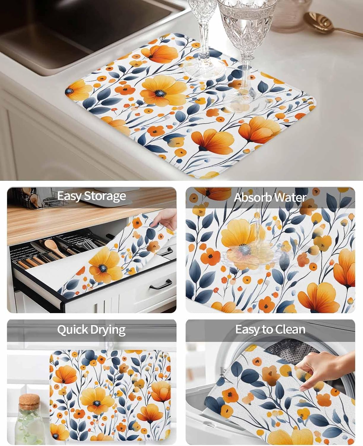 Dish Drying Mat for Kitchen, Orange Flower Blue Leaves Absorbent Kitchen Counter Mat, Dish Drying Pad for Dishes, Utensils, Pots and Camping, 18"x24"(2 Panel)