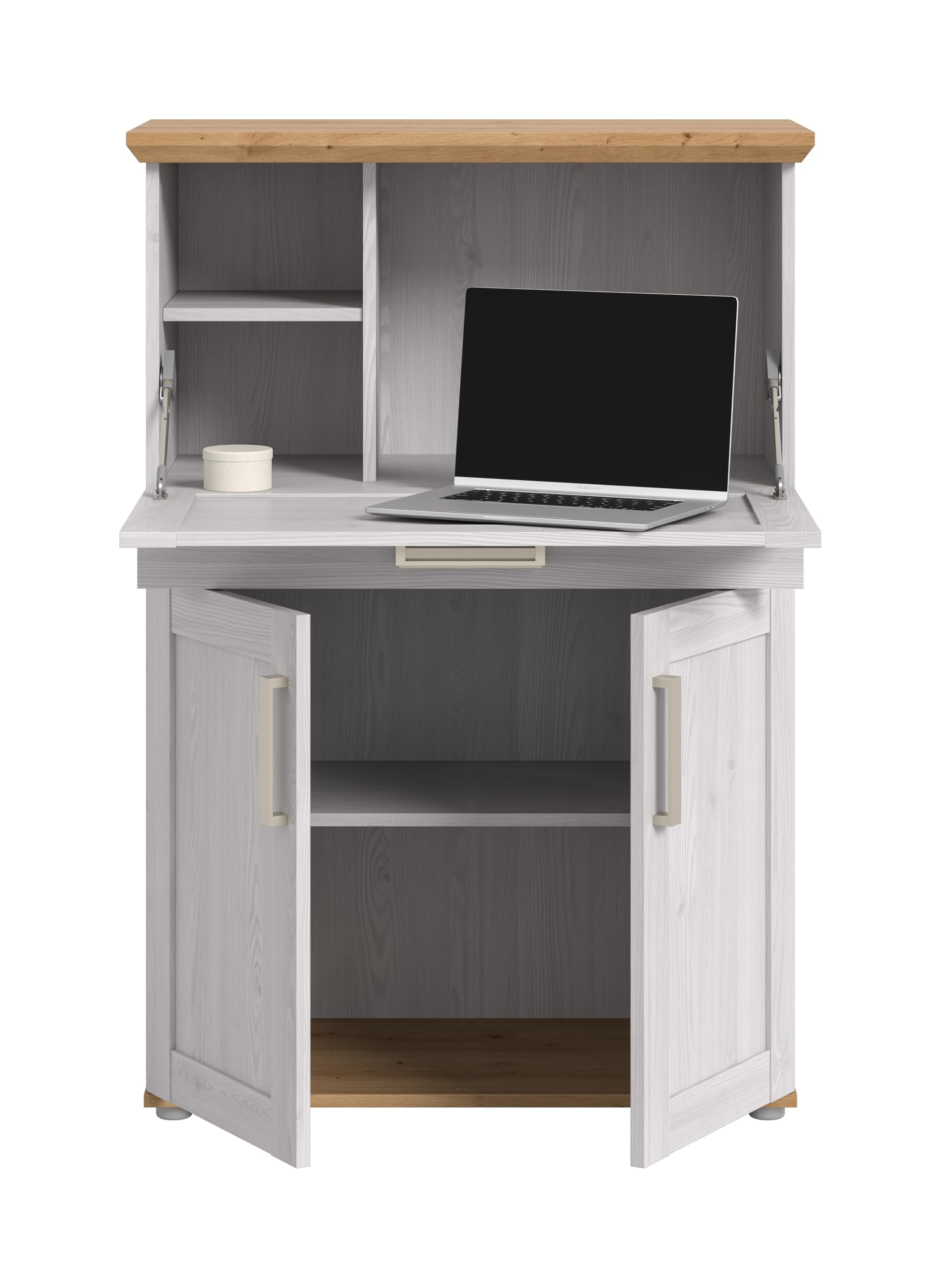 xonox.home – Sekretär Verona 84x122x42 cm in Sibiu Lärche & Artisan Eiche Nachbildung – Kompakter Arbeitsplatz mit 1 Klappe & 2 Türen – 5 Fächer bieten idealen Stauraum für Schreibutensilien & Post