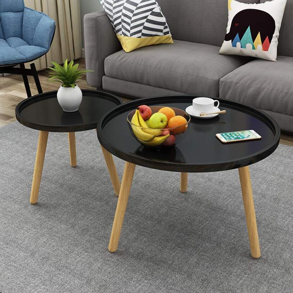Tables Set of 2 MDF Panel Beech Legs Round Sofa Side Coffee End Tea Nesting Multi- Purpose(Color: Yellow+White) Colour:White+White (Color : Black+Black)