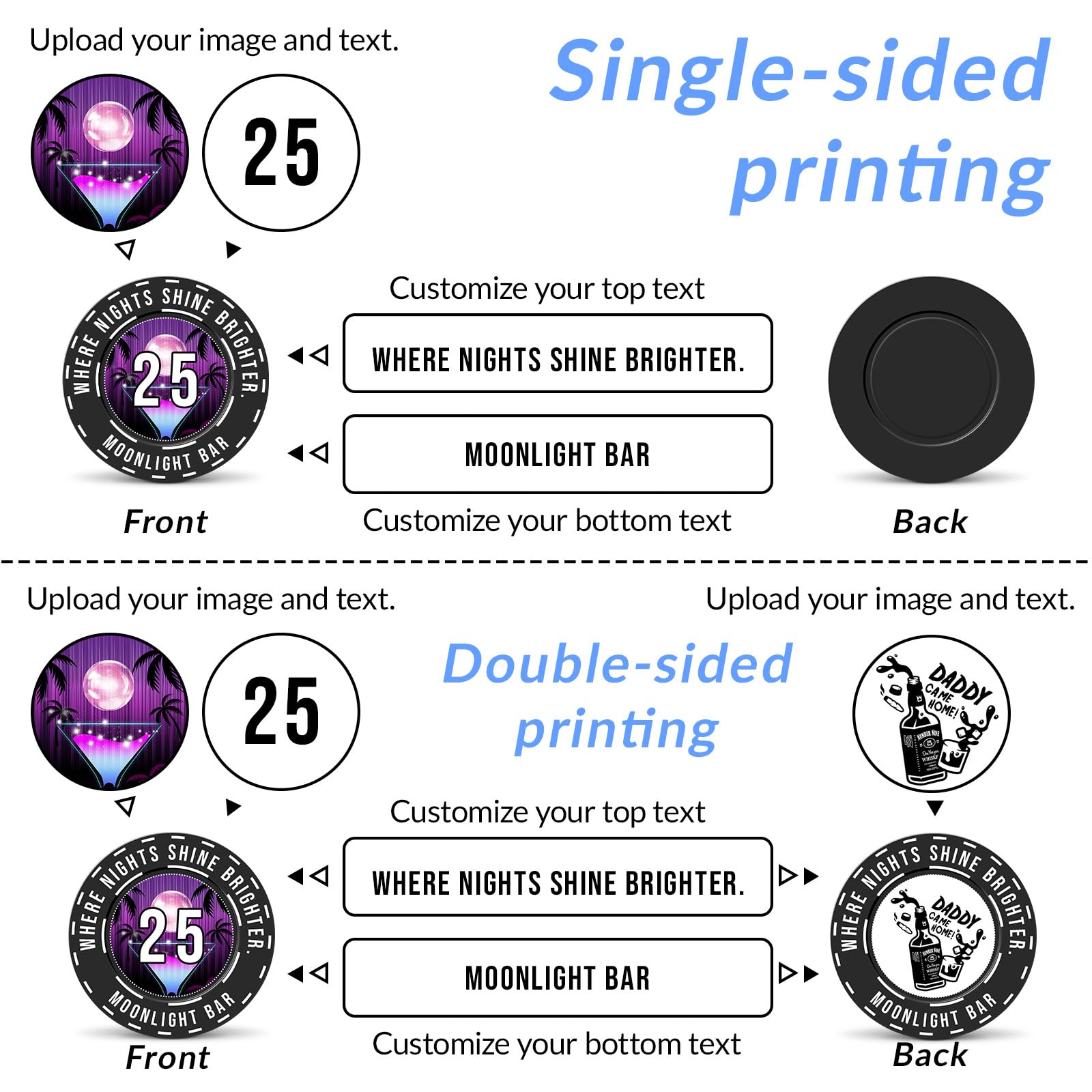 100-1000 personalisierte Plastik-Pokerchips mit beidseitigem Vollfarbdruck - Individuelle Logo-, Bild- oder Textgestaltung für Bars, Partys, Unternehmen & Events