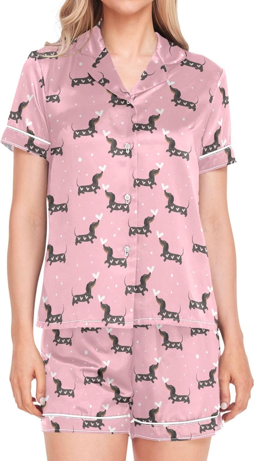 Womens Pajama Set Short Sleeve Sleepwear Soft Satin Lounge Pjs Sets with Pockets Summer Pajamas for Womens S-XXL