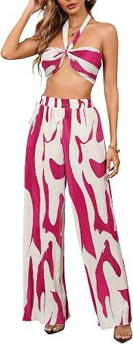 OYOANGLE Women's 2 Piece Graphic Halter Top Wide Leg Pants Vacation Outfits