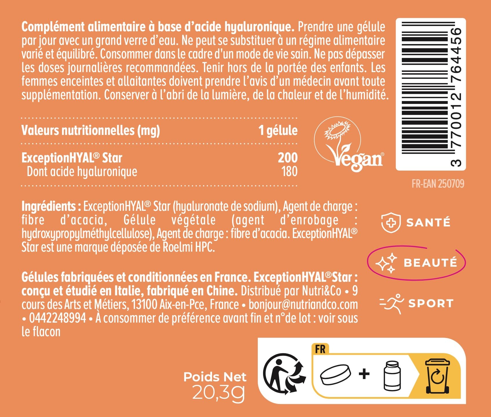 NUTRI & CO Acide Hyaluronique - Formule Anti-Age & Anti-Rides Efficace - Hydrate en Profondeur - Hydratation et Élasticité de la Peau - 60 gélules Vegan Made in France