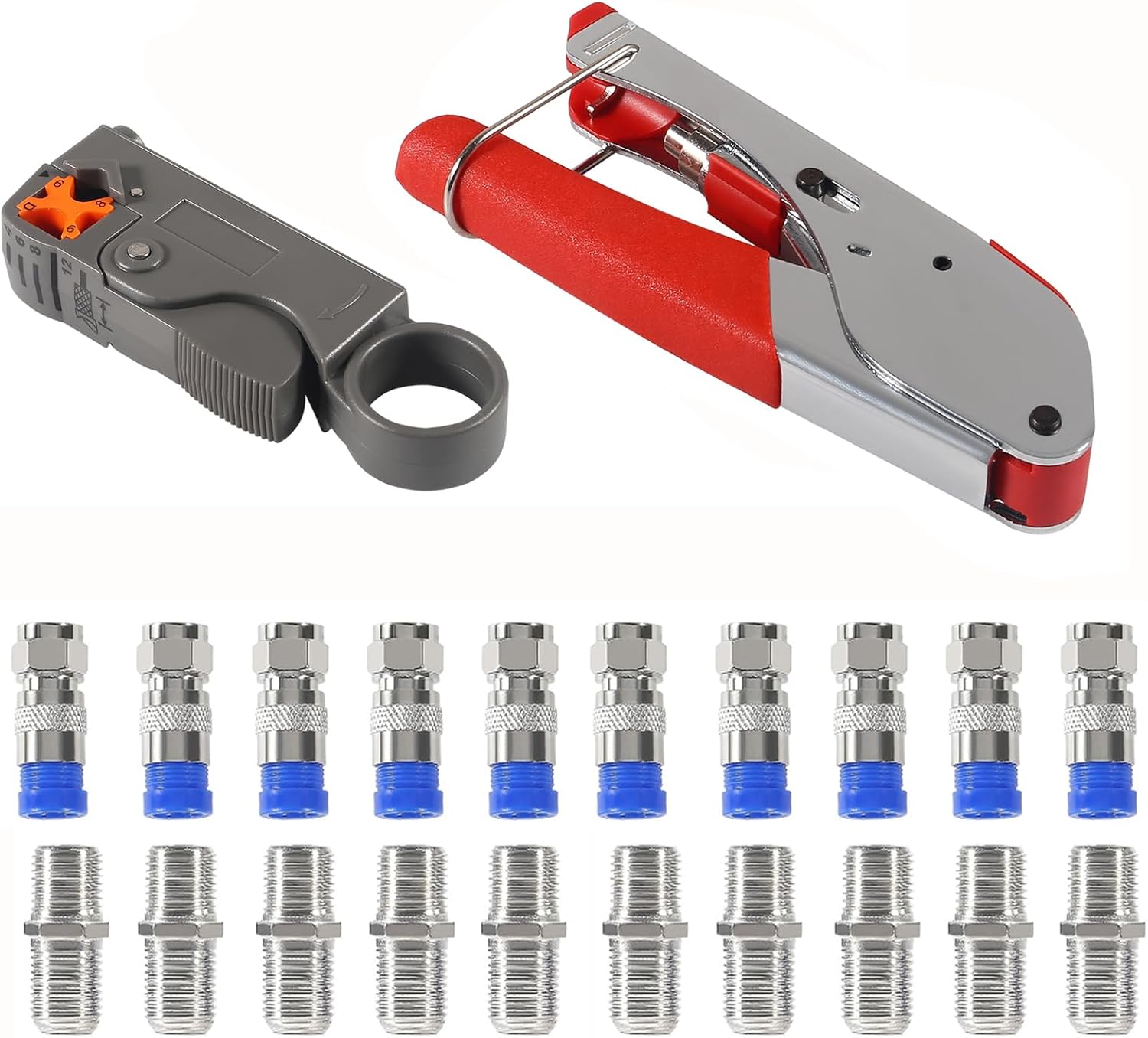 DIANN Coax Cable Crimper Coaxial Compression Tool Kit Wire Stripper with with 10pcs RG6 F Type Connector and 10pcs RG6 Coax Cable Extender (22pcs)