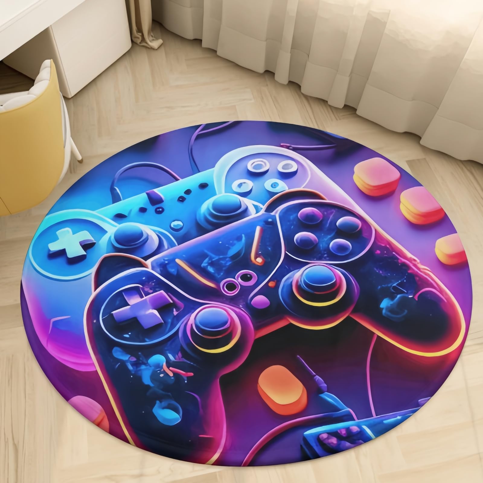 Gaming Teppich für Jungenzimmer, Neon Gamepad Graffiti Aquarell Design, Weich und rutschfest, Perfekt für Kinderzimmer, Gamer Schlafzimmer Accessoires Runder Teppich (Lila,160CM)
