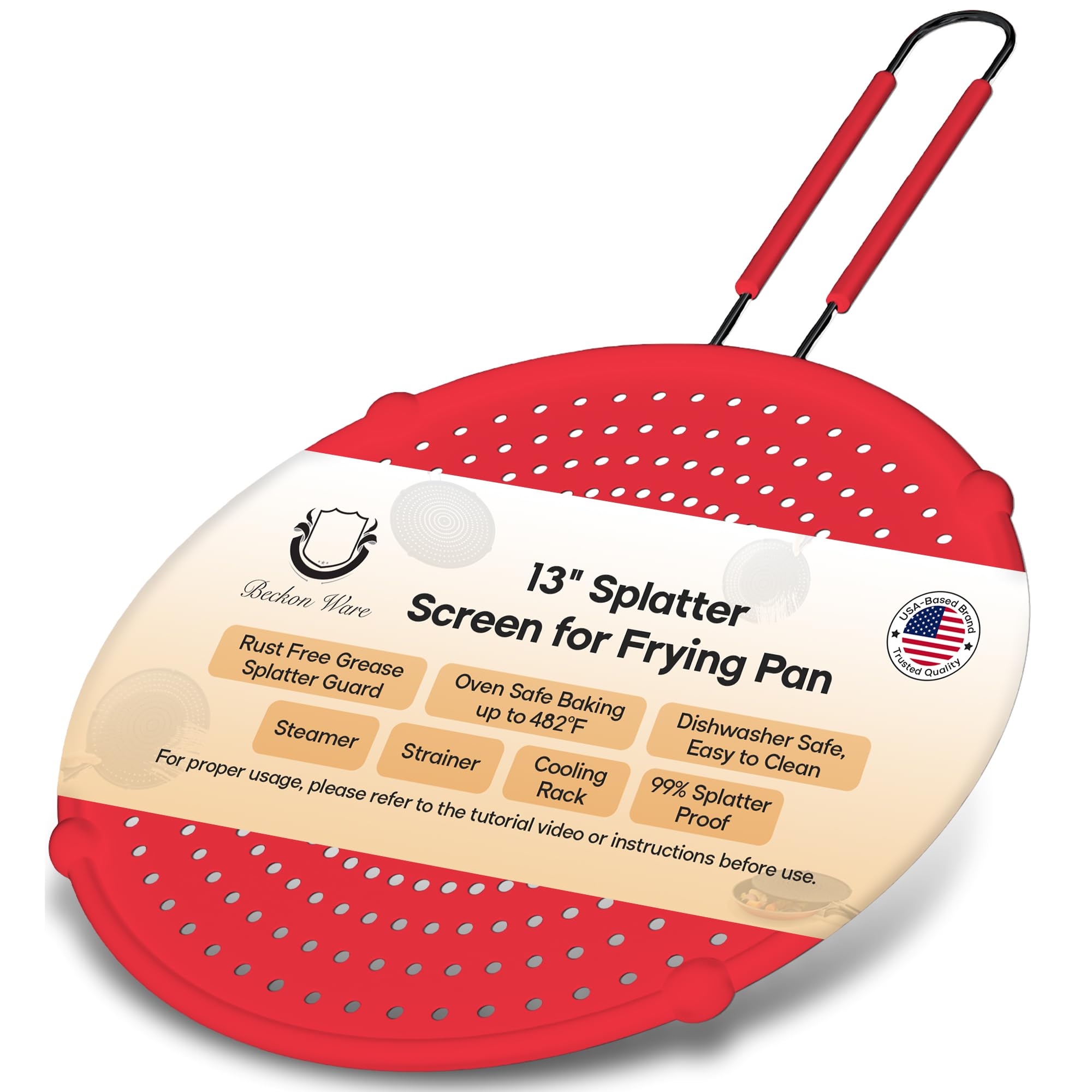 Splatter Screen for Frying Pan | USA Brand | 13-Inch Red, Fit Pans (12" to 13") Silicone Grease Splatter Guard for Frying Pan and Stove by Beckon Ware