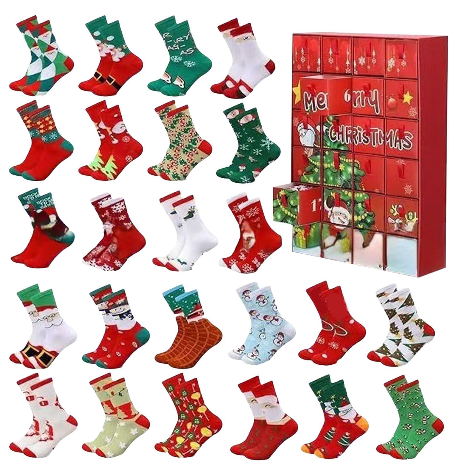 Generisch Adventskalender Socken 2025 Damen Herren 12/24 Paar Weihnachtssocken Bunte lustige Motiv Baumwollsocken Weihnachtskalender Warme Kuschelsocken One Size Unisex Frauen Männer