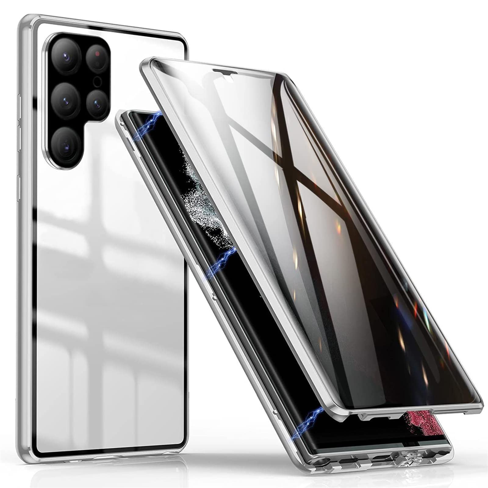 Swtko Silver Anti-Spy Magnetic Case For Samsung Galaxy S23/S23 Ultra Privacy Magnetic Adsorption Double Sided Tempered Glass Metal Bumper Frame Anti-Peeping Phone Case Cover,,For Samsung S23ultra