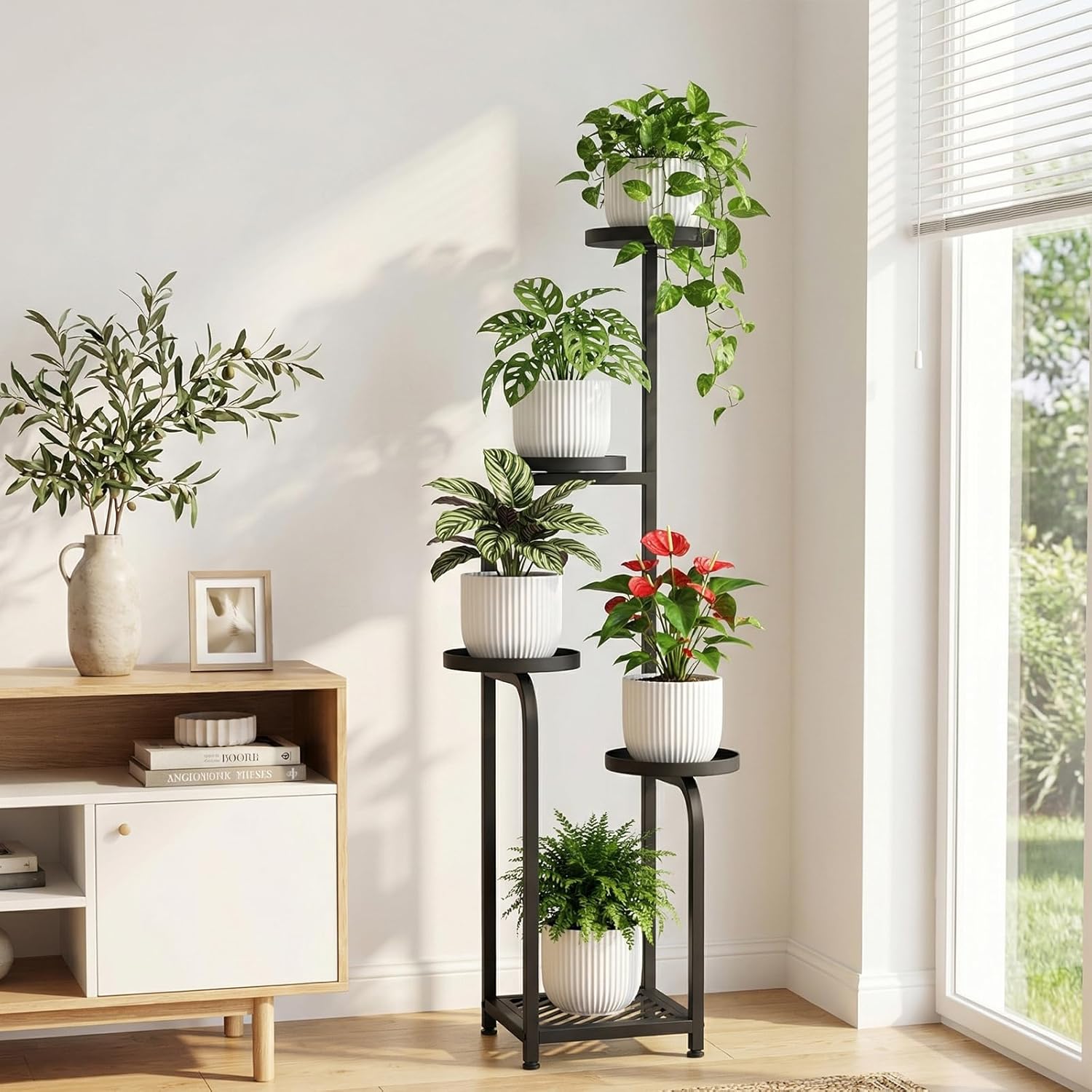 TOSKING 5 Tier Tall Plant Stand Indoor Outdoor,Anti-Tip Plant Stand indoor, Wide Base for Pots, Child and Pet Friendly,Heavy Duty Corner Shelf for Plants & Decor, Space Saving ,Tiered Metal Flower Pot Stand for Balcony, Garden, Living Room, Patio (Black, 47in)