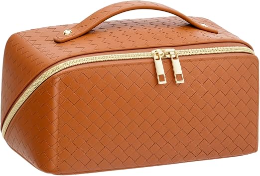 Travel Makeup Bag for Women, Cosmetic Organizer Bag with Compartments | Flat Open Cosmetic Bag, Multiple Compartments, Water-Resistant PU Leather for Skincare, Brushes & Travel Essentials, Brown