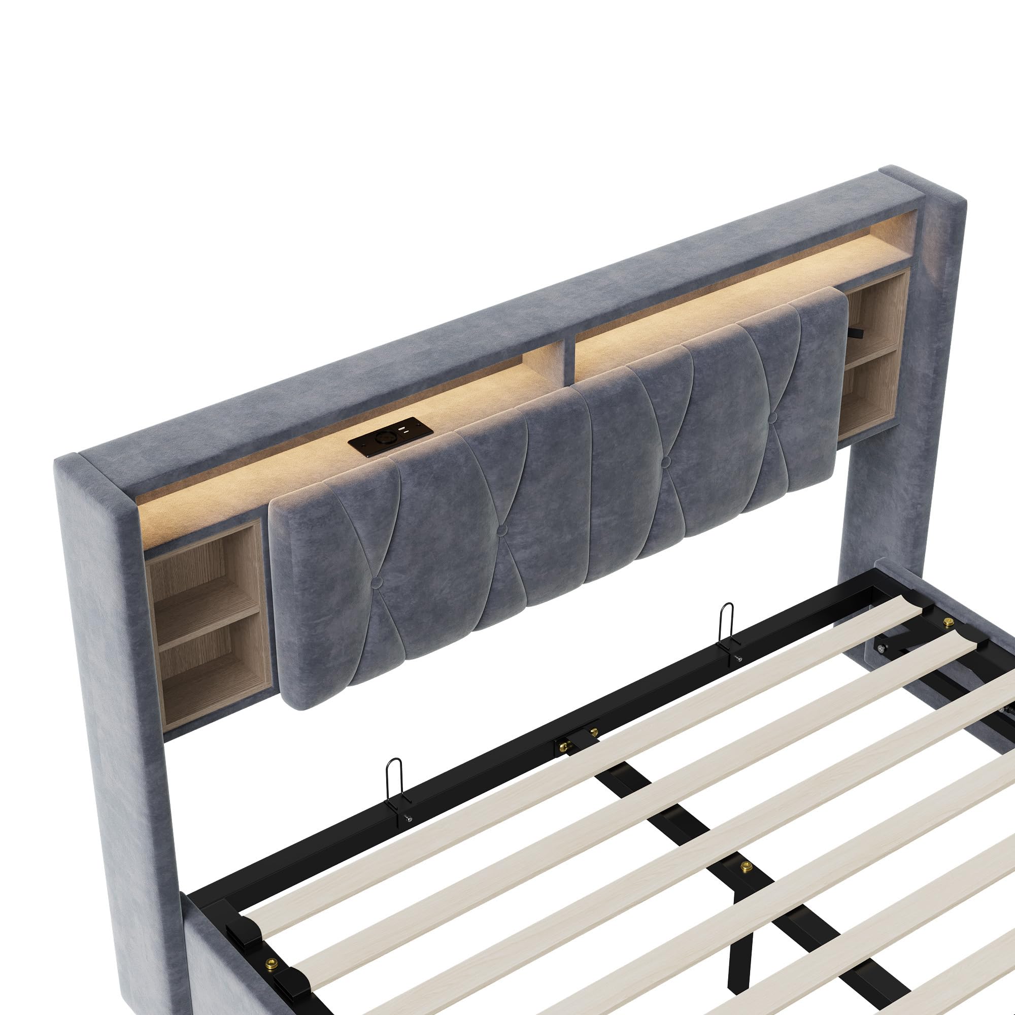 Lit double 160 x 200 cm, capitonné, avec fonction de charge LED et USB, coffre de rangement hydraulique, avec sommier à lattes, lit fonctionnel, dossier, gris, velours, sans matelas
