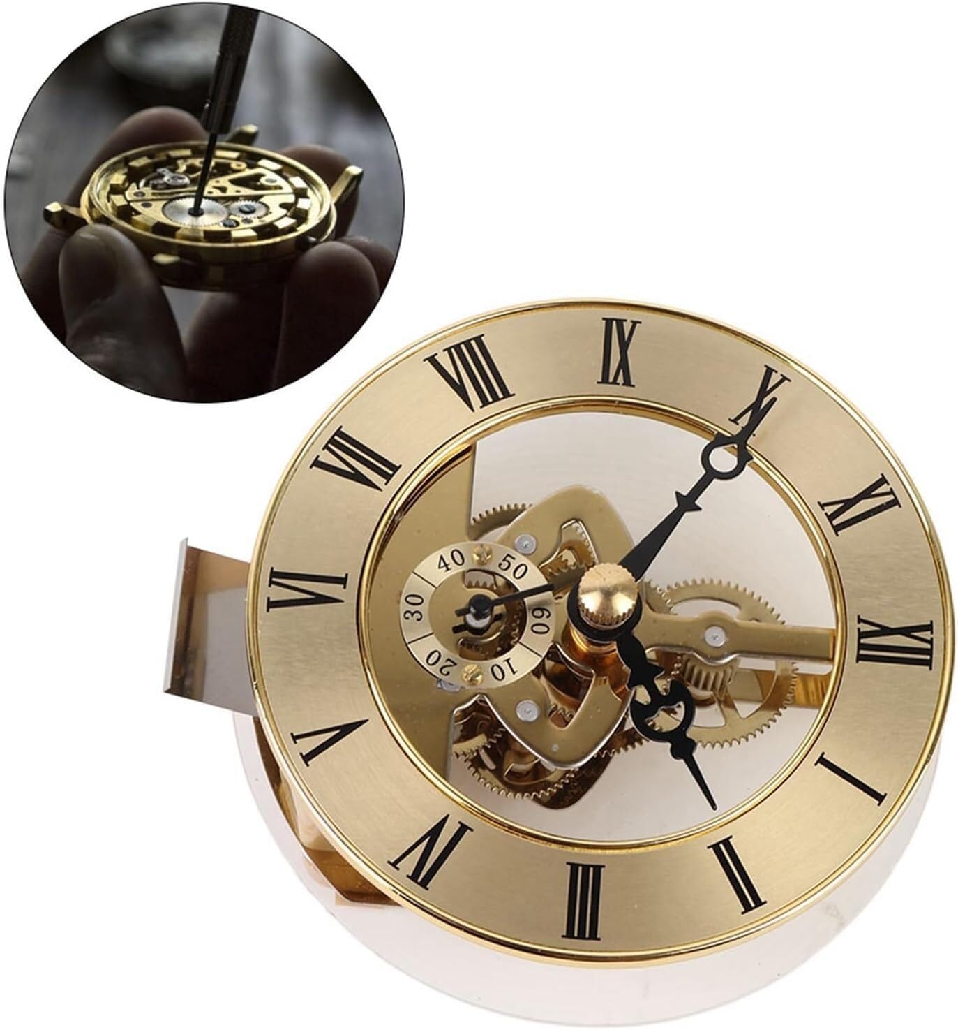 Inserto Orologio al Quarzo 86 mm con Numeri Romani e Lente Trasparente | Testa orologio in metallo da 86 mm con quadrante romano nero, lente trasparente e guarnizione per ricambi e fai da te.