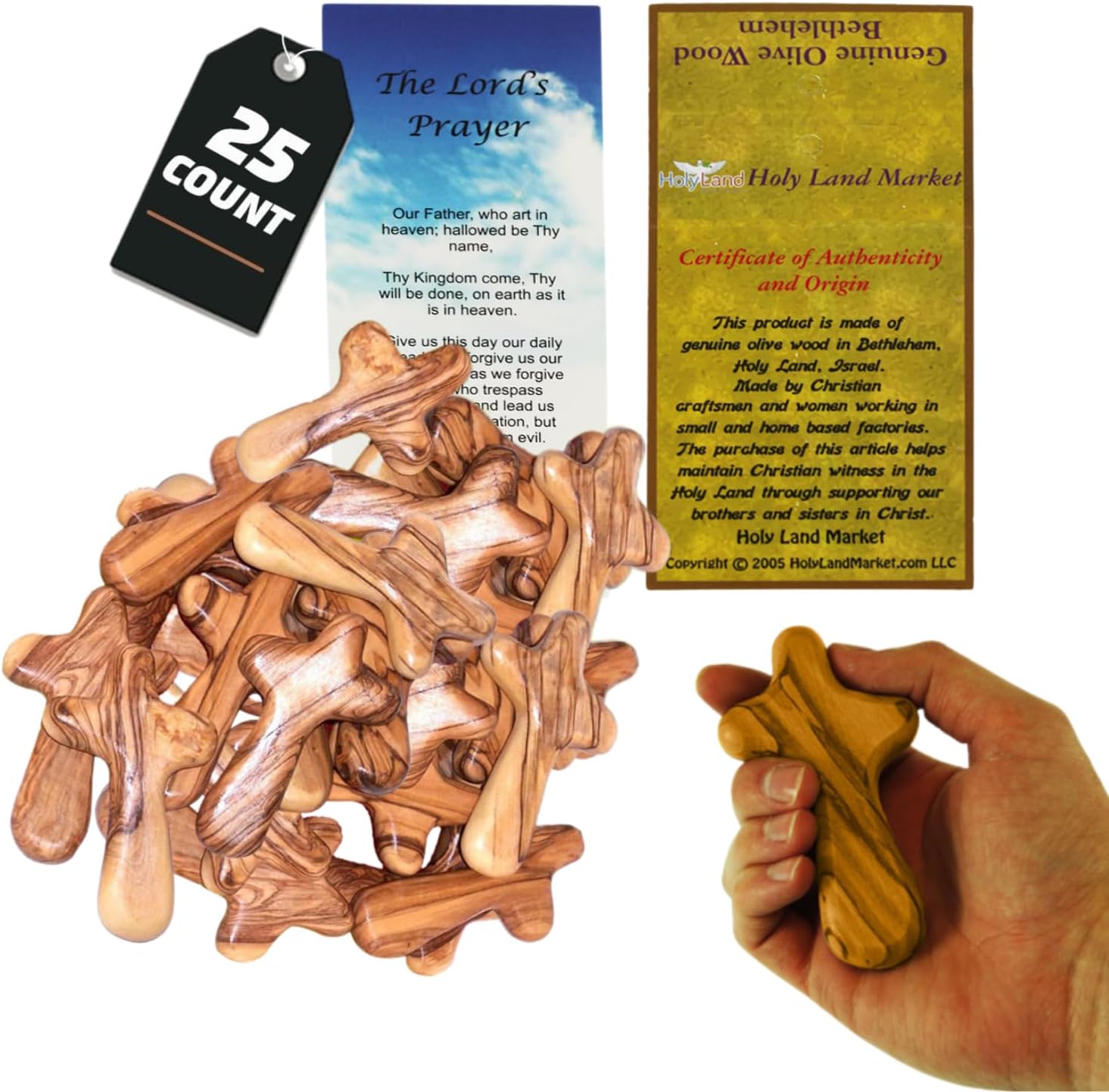 Holy Land Market 25 Olive Wood Comfort Crosses - Handmade in Bethlehem with Certificates, Pocket Size, Brown