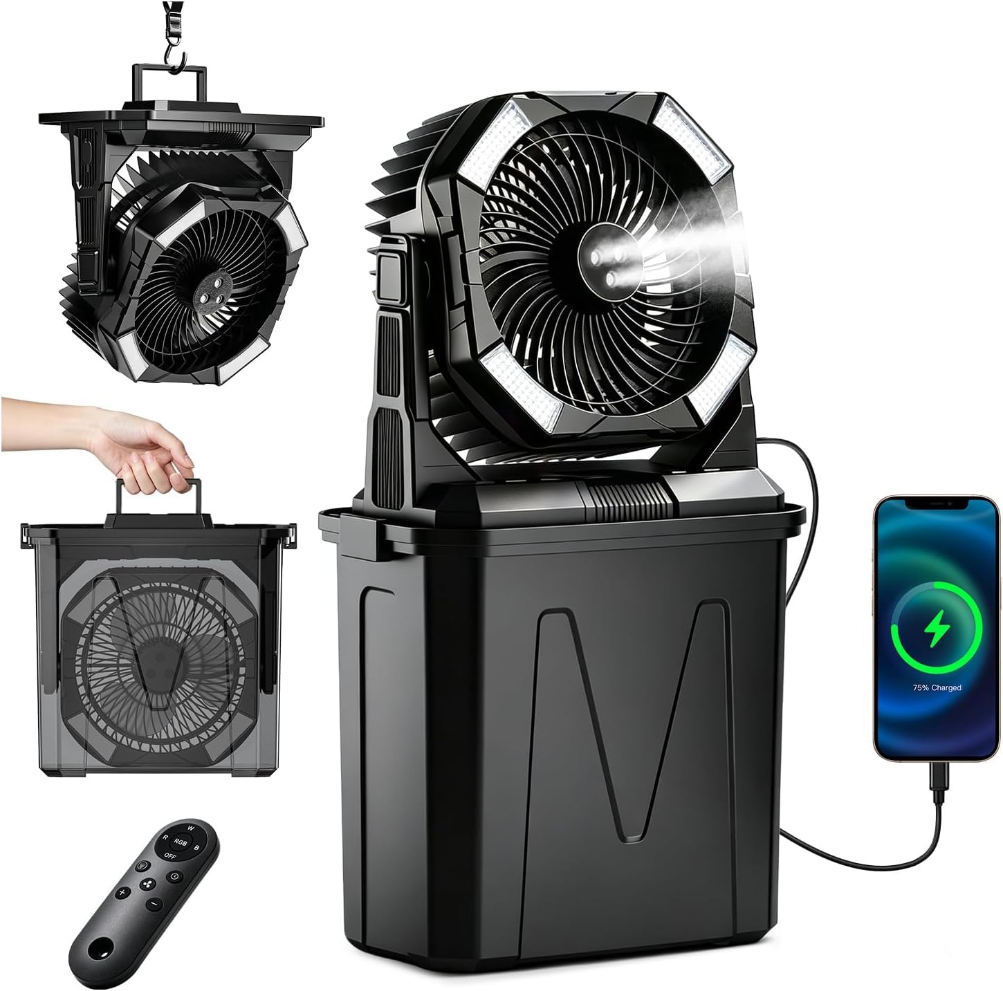 TYH Ventilador Nebulizador Portátil Grande De 10 L, Ventilador Nebulizador De Agua Recargable De 20000 Mah, para Exteriores con Luz RGB, con Control Remoto Y Temporizador