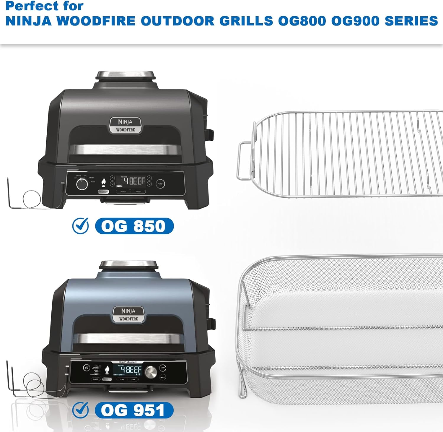 Crisper Basket & Smoke Rack for Ninja Woodfire Pro XL Outdoor Grill & Smoker OG800 OG900 Series, Non-Stick Air Fryer Basket with Roast Stand for Ninja OG850 OG951 OG901 OG952 Grill Accessories