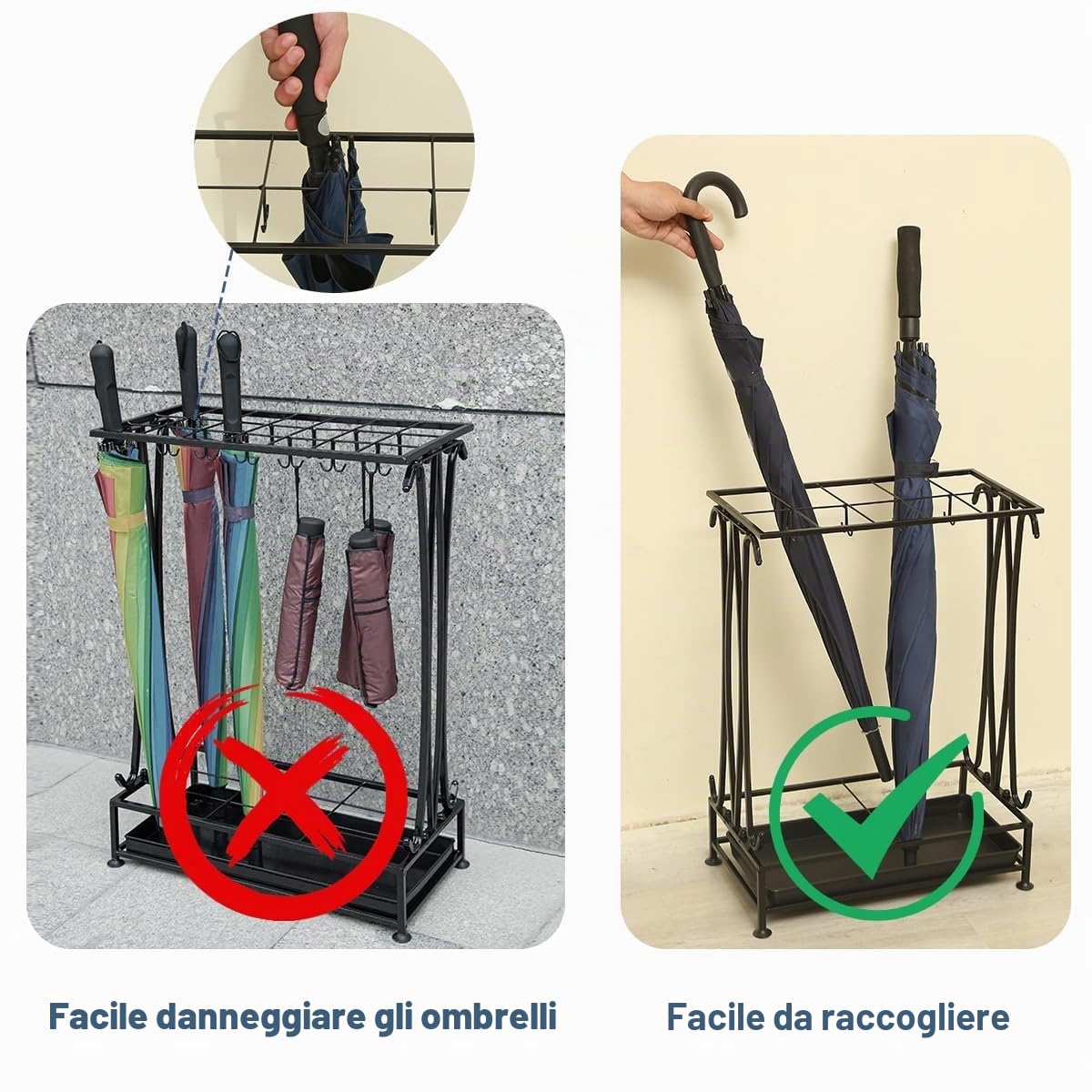 Portaombrelli da Interno, Salvaspazio Porta Ombrelli per Esterno, Portaombrelli Design Moderno per Casa, Grande, Metallo, Nero, Rettangolari