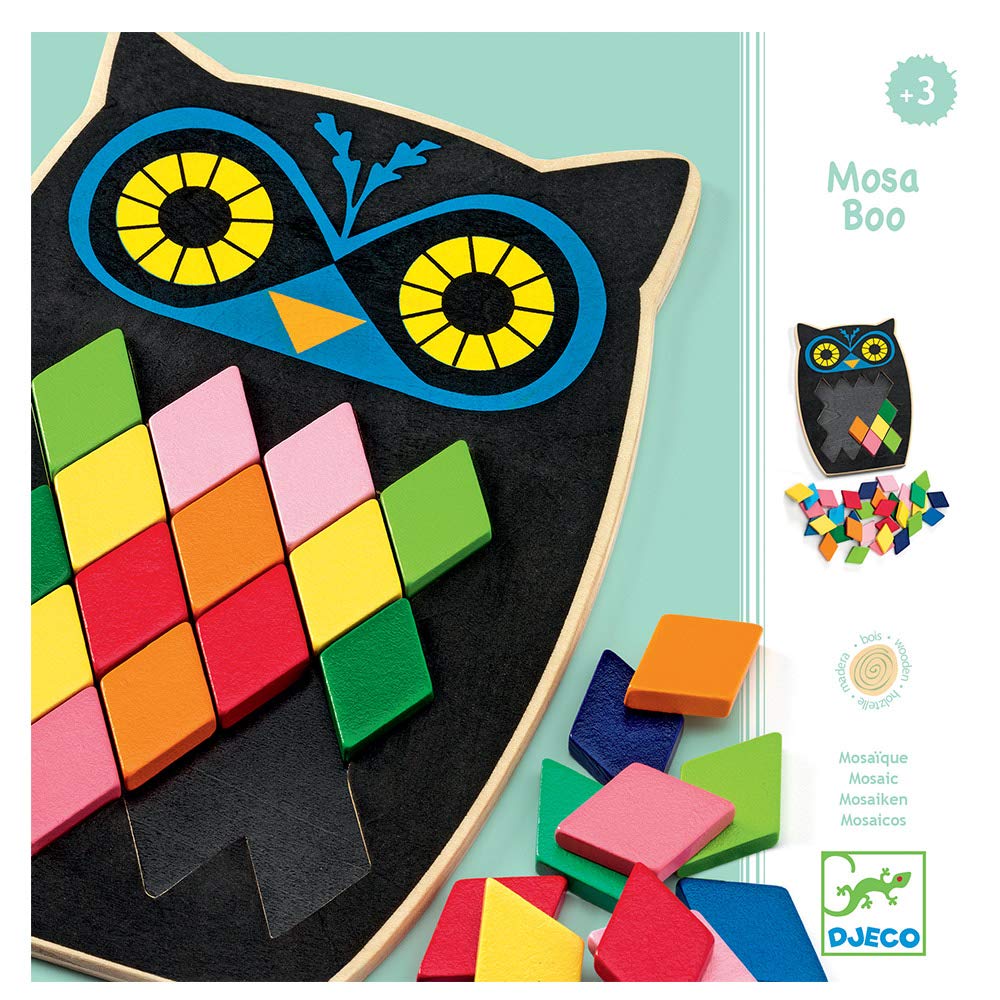 Djeco Mosaic Mosa Boo Game for Kids, Owl-Shaped Wooden Mosaic Kit, Colorful Wooden Diamonds, FSC Certified, Fine Motor Skills, Creativity, Educational Craft Activity