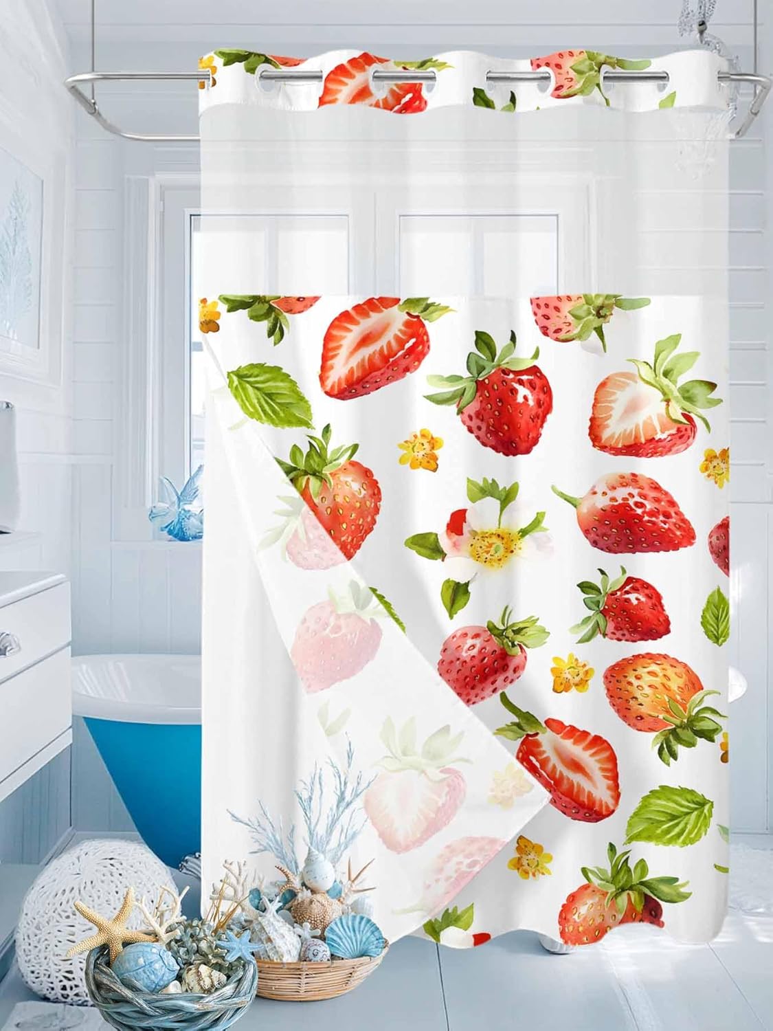 No Hooks Shower Curtain with Snap in Fabric Liner Set, Summer Fruit Strawberry Flower Shower Curtains Waterproof & Washable Bathroom Curtain with See Through Top Window,Hotel Style, 54x78in