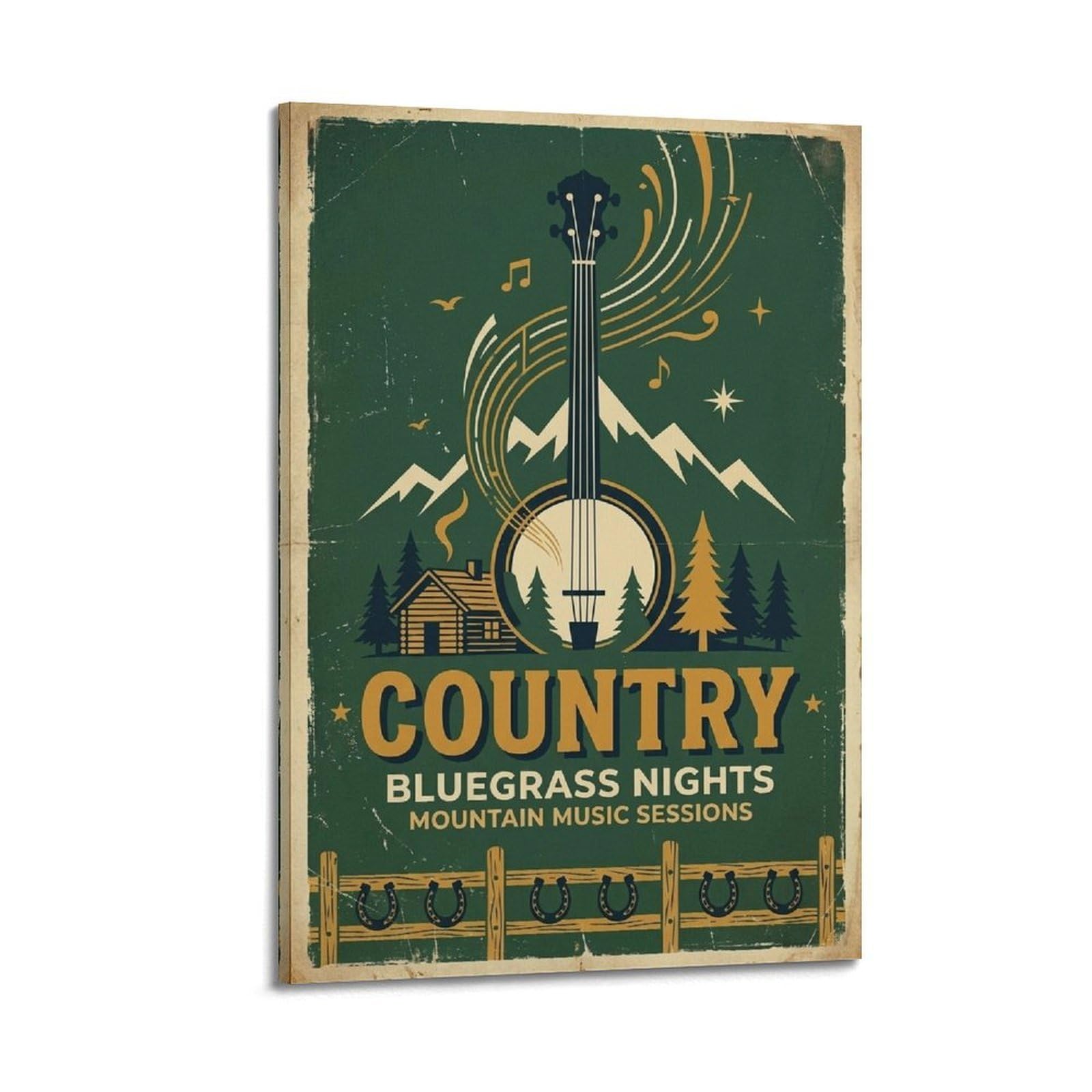 XKUGA Poster con stampa su tela, stile retrò con capanna di tronchi bluegrass, musica country, moderna, decorativa, decorazione artistica da parete per famiglia, grotta degli uomini, sala giochi