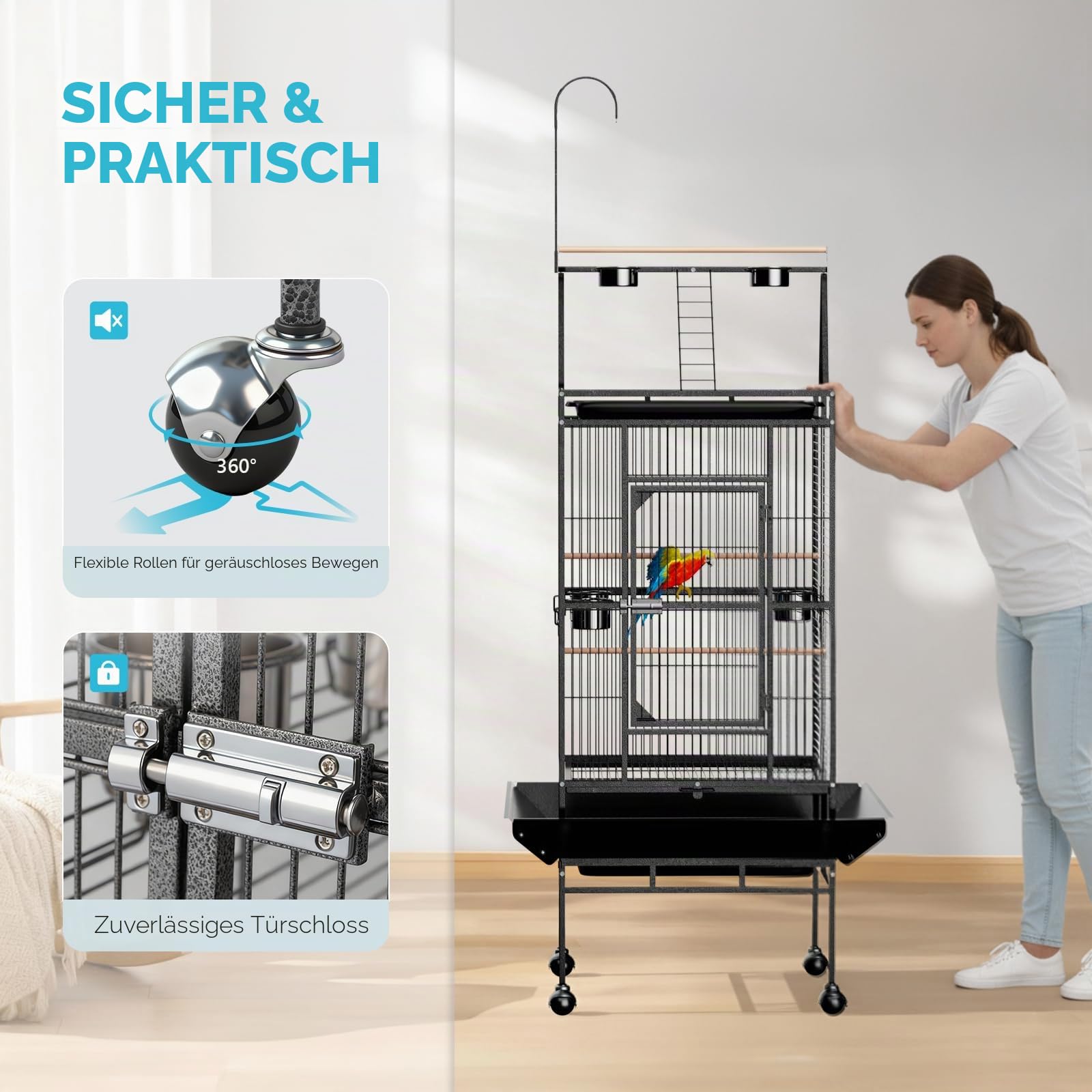 Vogelkäfig mit Spielplatz Oben, vogelkäfig groß mit 3 Holzstangen und 360° Rollen, Vogelvoliere mit 5 Futterstellen, 83 x 78 x 210 cm