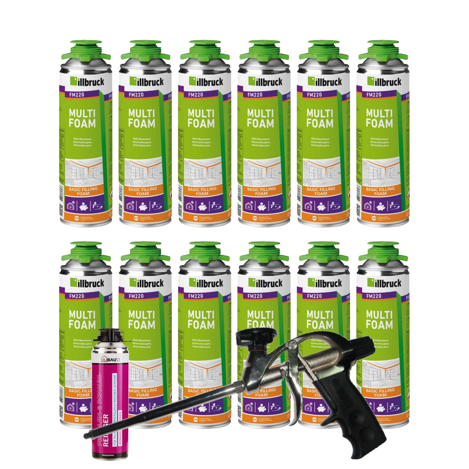 FM220 Bauschaum Montageschaum Pistolenschaum Multischaum Fensterschaum hohe Schalldämmung Wärmedämmung 500ml Kombisets (mit Reiniger AA290 + Schaumpistole Profi Teflon, 12x 500ml)