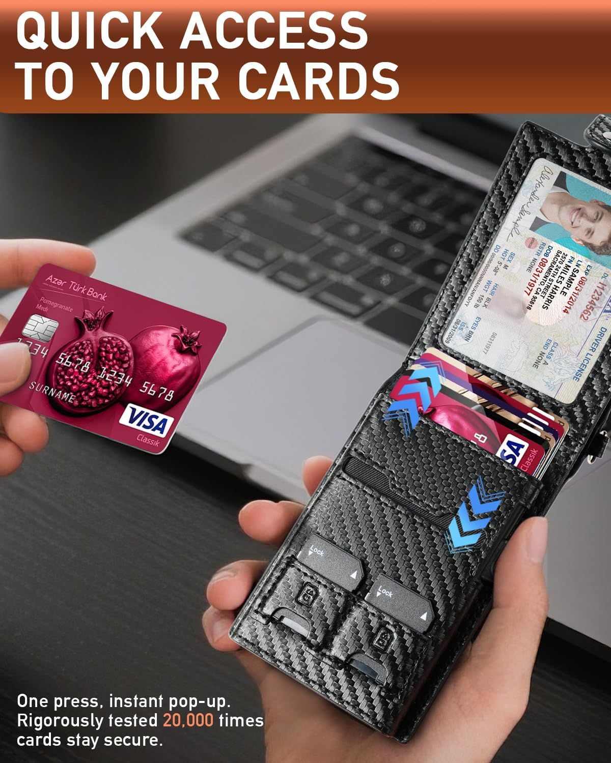 LIUGX Mens Wallet Set with Keychain, Slim Bifold Leather RFID Minimalist Wallet with Pop Up Card Holder, Holds 20 Cash Bills & 12 Cards, SD & Nano Sim Slots, Snap Closure, Carbon Fiber Black - Image 4