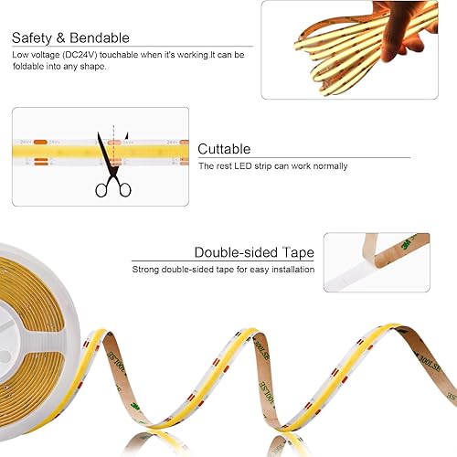 Miniatura 5 de FCOB COB CCT - Tira de luces LED de 16.4 pies, 608 LEDsm, sintonizable, 2700K-6500K, CRI 90+, luz LED regulable, cinta flexible para decoración de