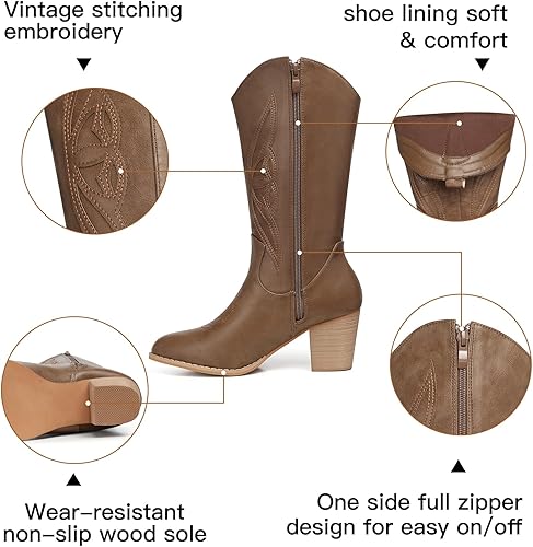 Miniatura 3 de SHIBEVER Botas vaqueras para mujer Medio Botas vaqueras negras de pantorrilla ancha con bordado occidental de tacón alto con punta redonda