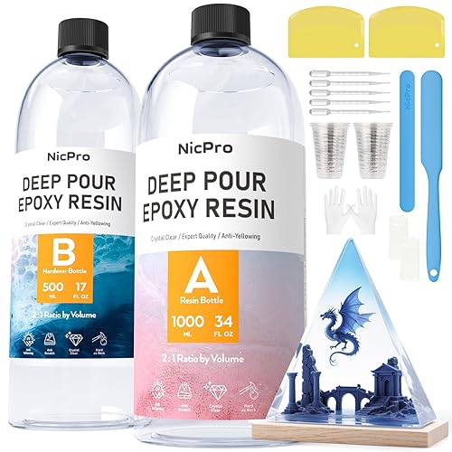 Nicpro Kit de resina epoxi de vertido profundo de 51 onzas, 2 a 4 pulgadas de profundidad, alto brillo y transparente, resina epoxi sin burbujas