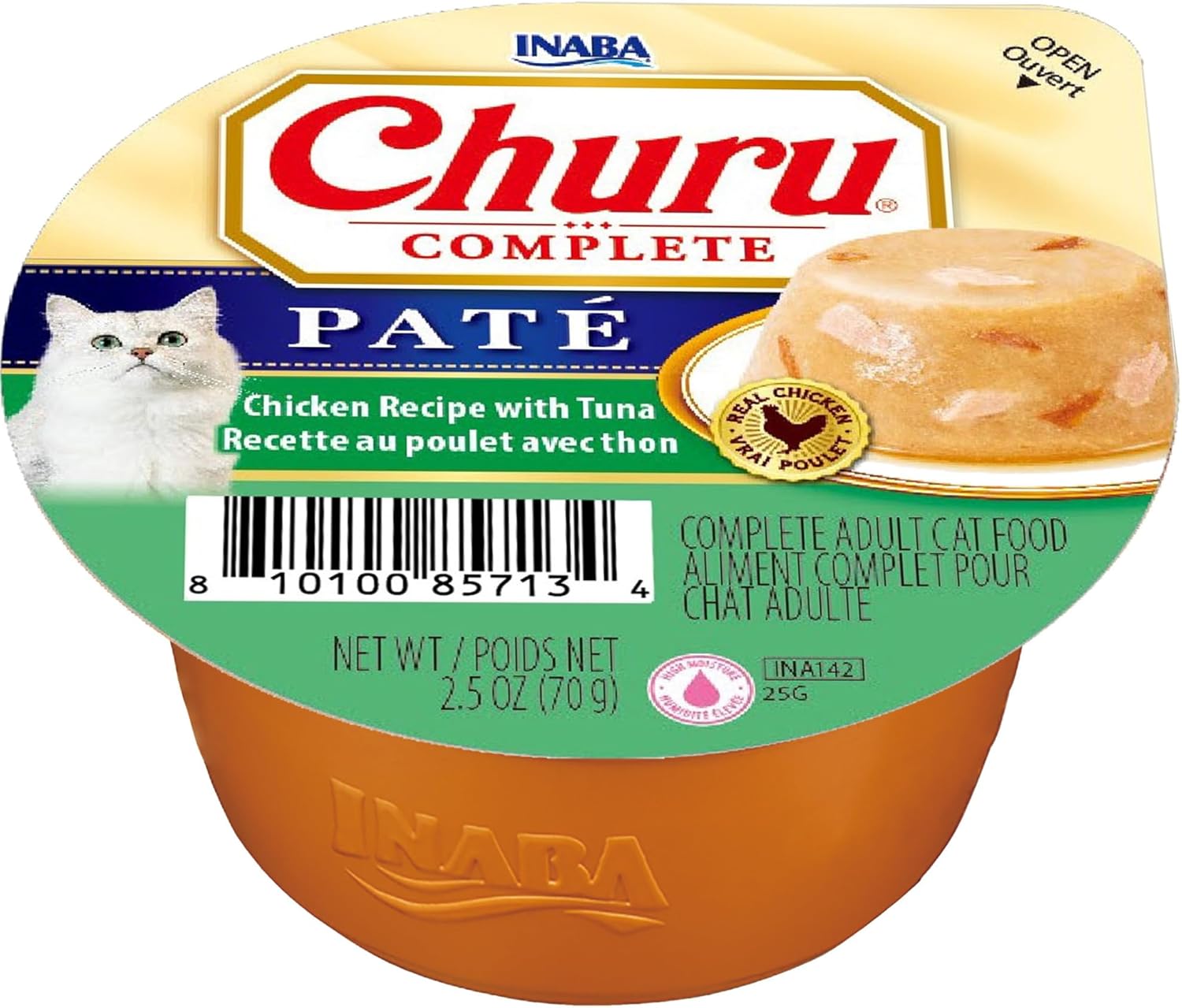 INABA Churu Complete Pate for Cats, Grain-Free, High Protein & Moisture, Wet Cat Food with Fish Oil, 2.46oz. Cup, 8 Cups, Chicken Recipe with Tuna (Pack of 2)