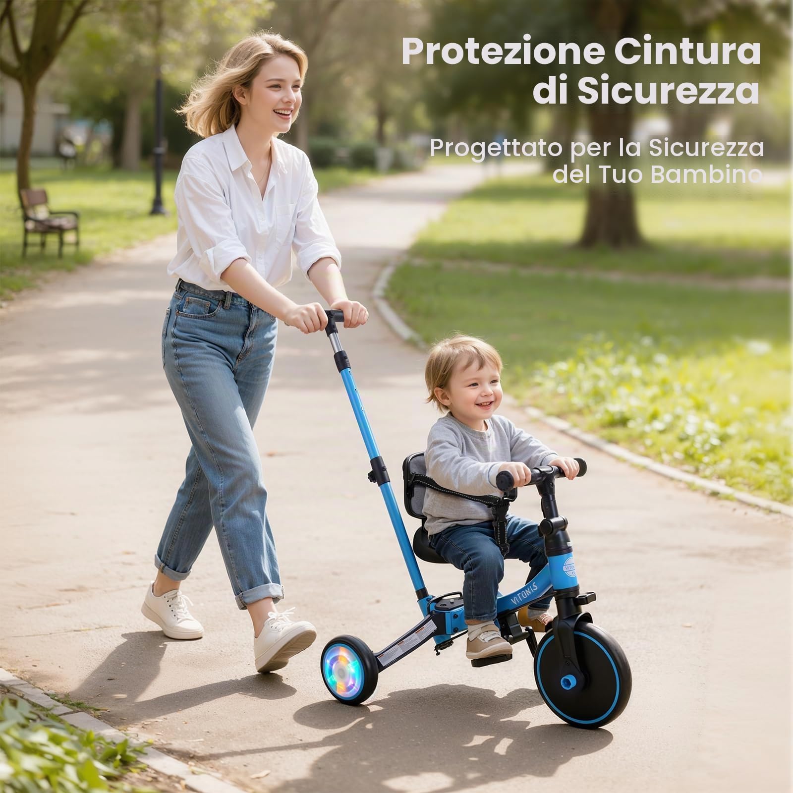 VITONIS Triciclo 5 in 1 per bambini dai 18 mesi ai 3 anni, con ruote lampeggianti, maniglione di spinta, schienale e cintura di sicurezza, regalo per bambini e bambine, bicicletta senza pedali, blu
