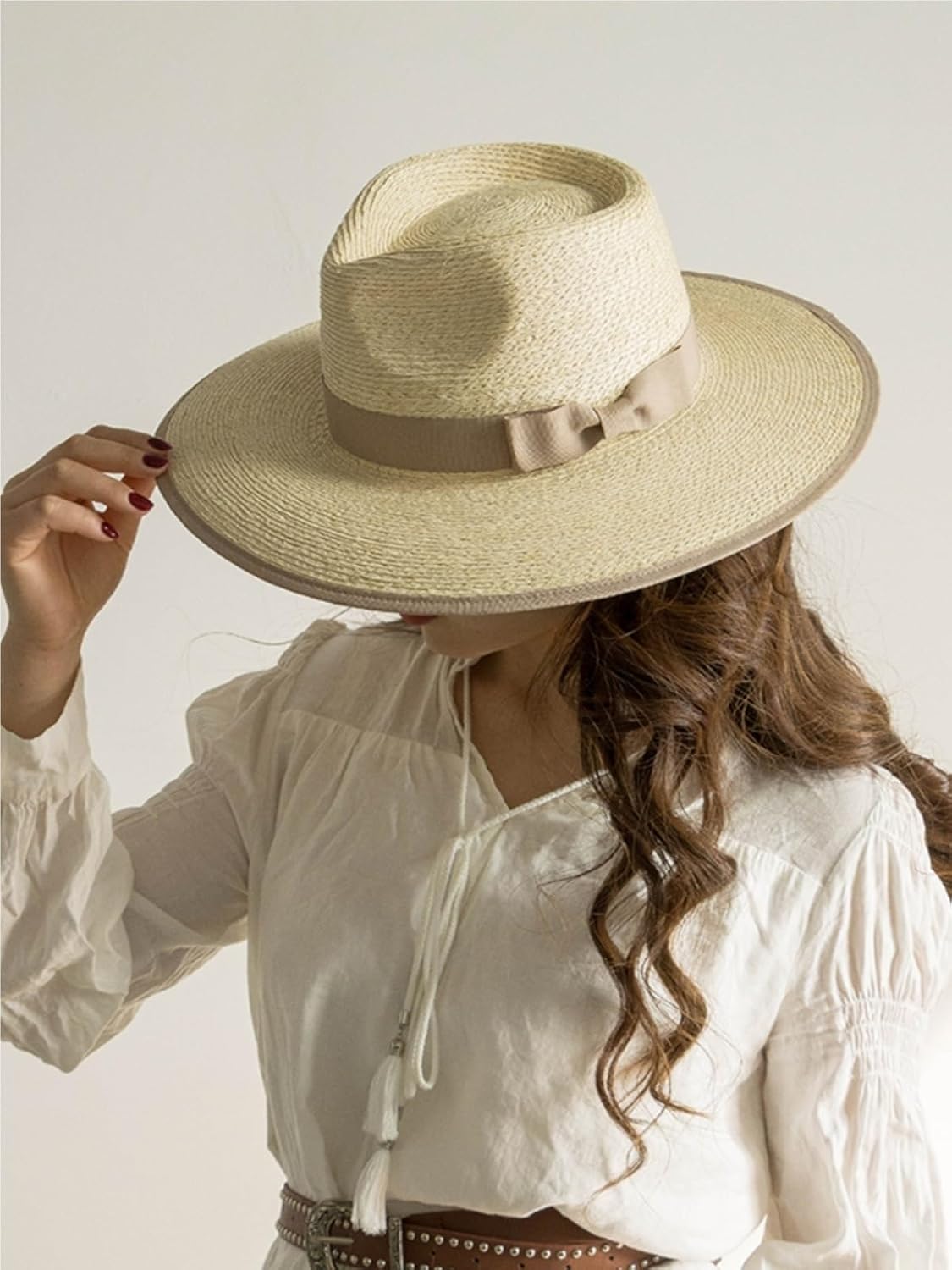 Women's Palm Leaf Straw Wide Brim Jazz Hat with Bowknot & Edge Binding – High Crown Sun Protection Beach Hat(Lotus Pink)