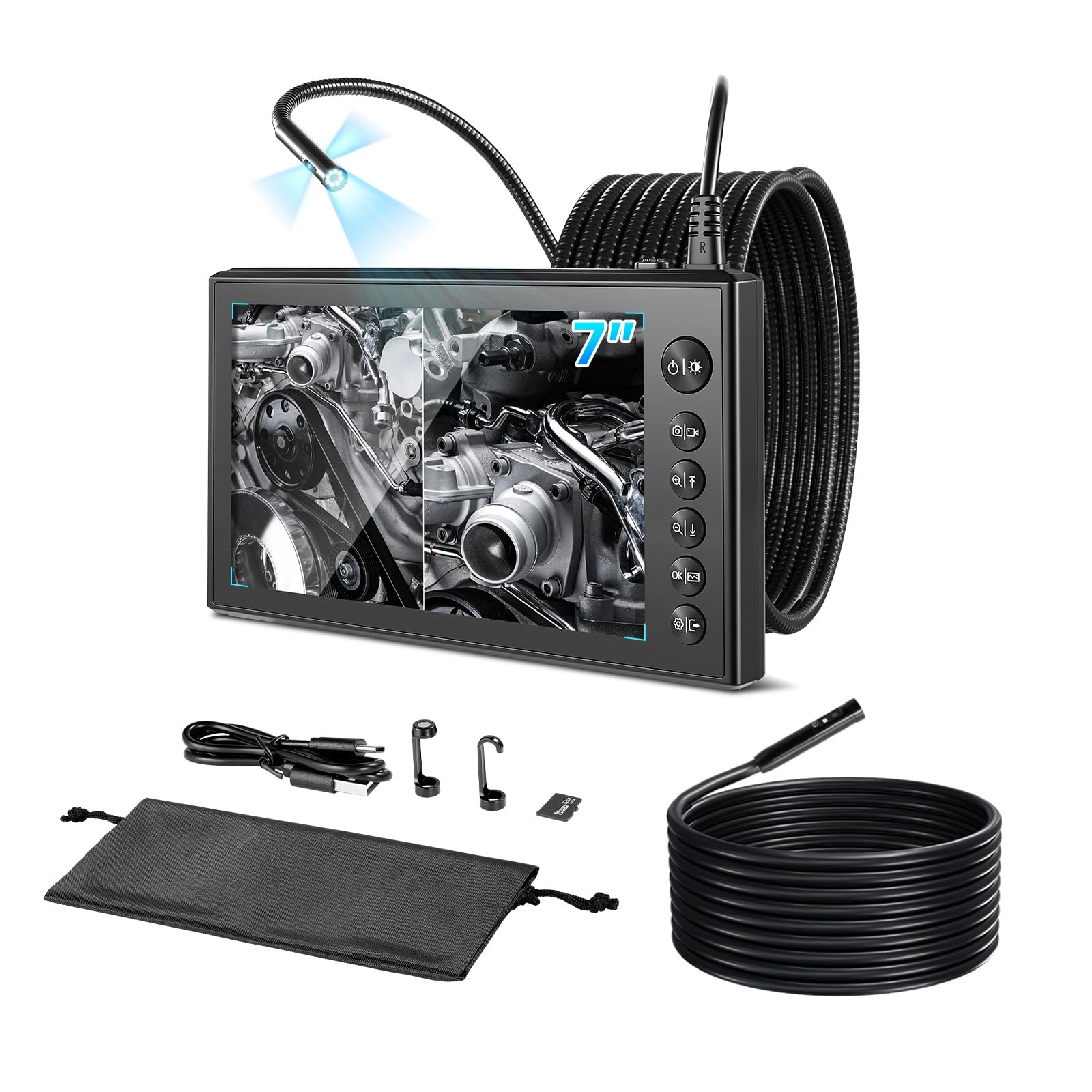 VEVOR Endoscopio de Triple Cámara con Pantalla IPS, Cámara de Inspección con Pantalla Dividida, Sonda de 8 mm, Cable de 3 m y 5 m, Batería 5000 mAh, Luces LED, 32 GB, para Motores, HVAC y Tuberías