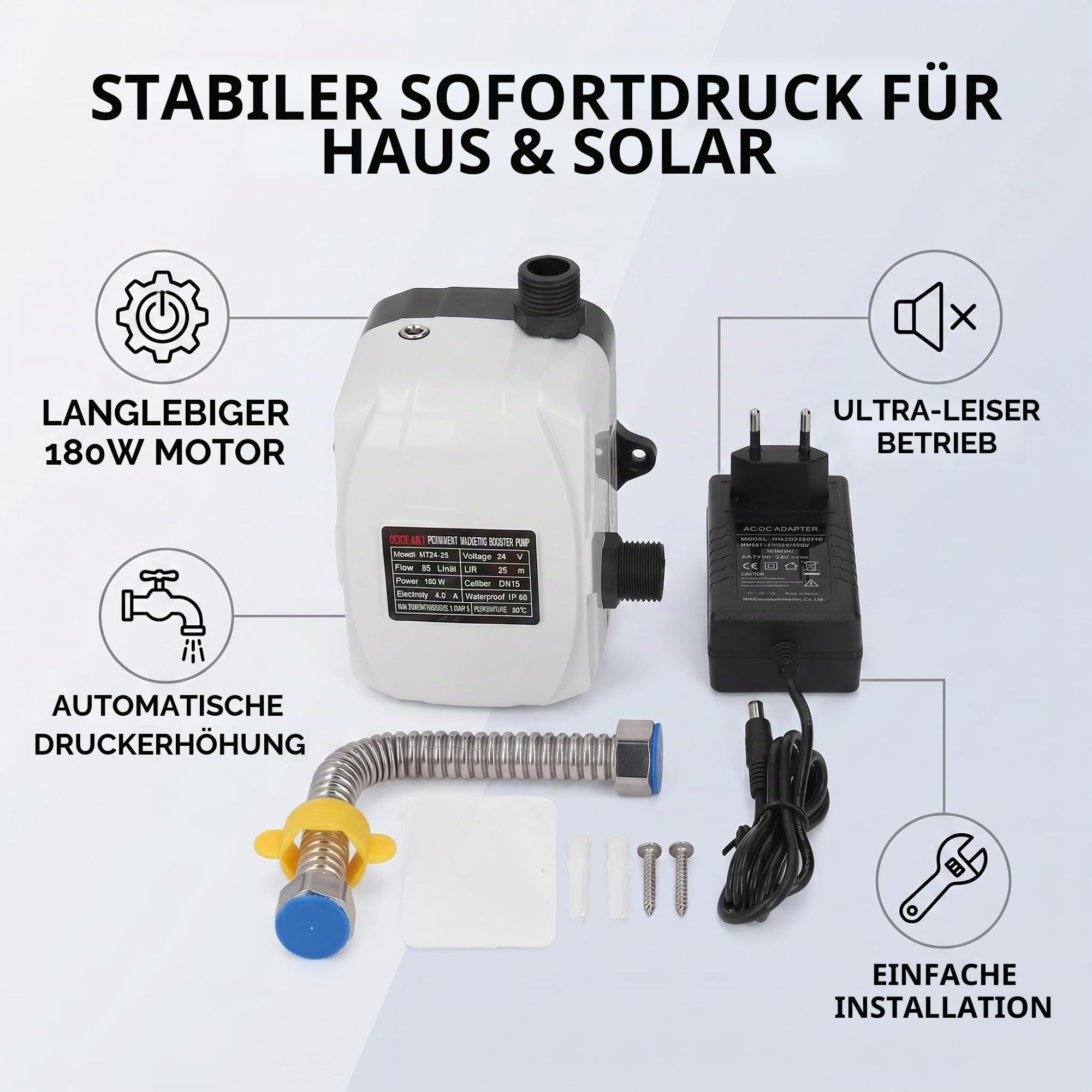 Wasserdruckpumpe 180W DN15 für Küchenspüle und Dusche, Geräuscharm, Automatische Start/Stop, DC24V, 35L/min, 25m Förderhöhe, IP56