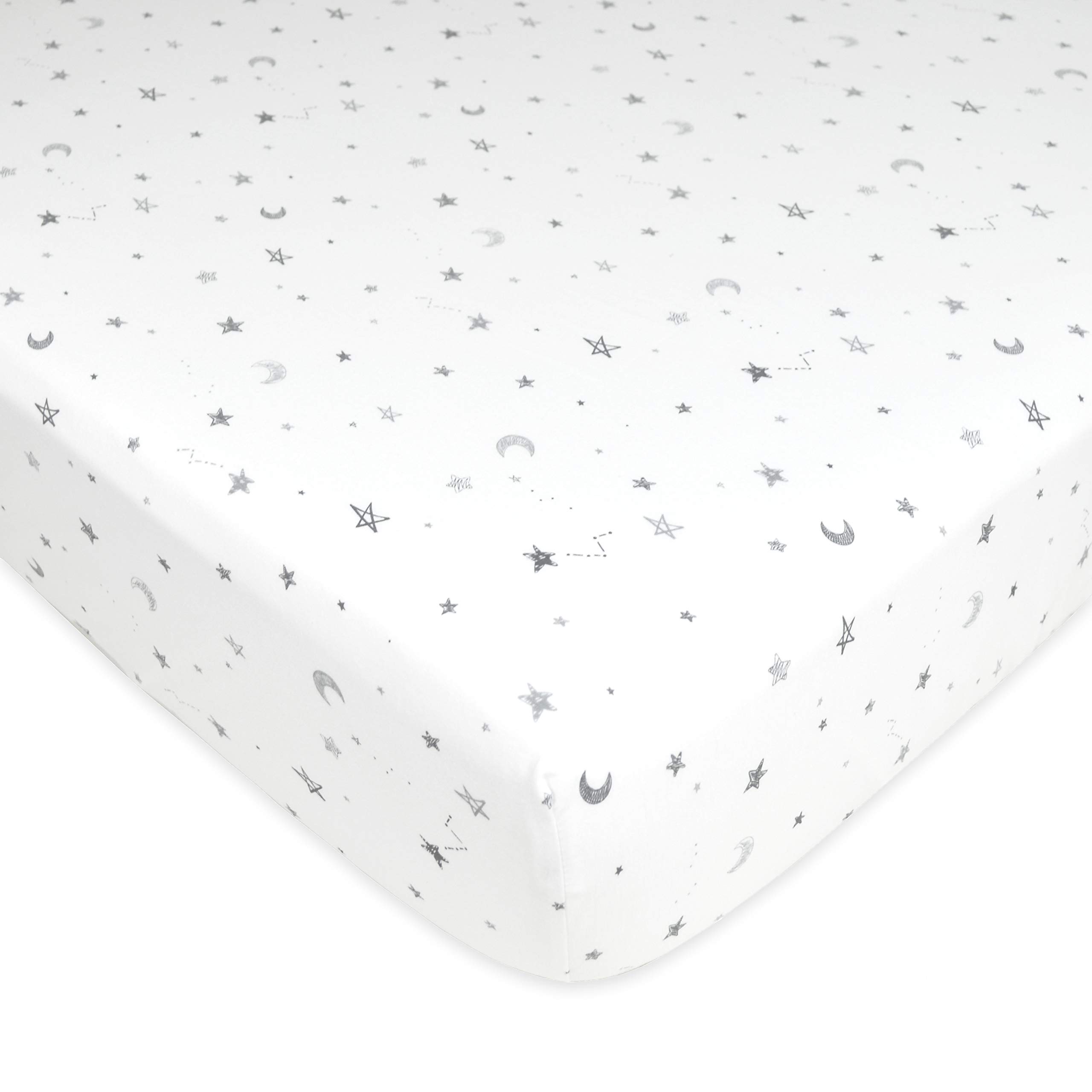 TL Care Cotton Fitted Pack and Play Sheet 39x27, Grey Stars and Moons