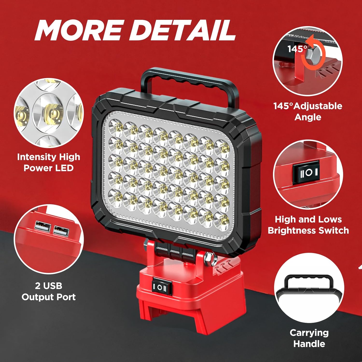 LED Work Light Compatible with Milwaukee m18 18V Battery, 94W 11500LM Cordless Work Light with 2 USB Charging Port, 145° Adjustable Angle Portable Home Light Accessory Flashlight(Battery NOT included)
