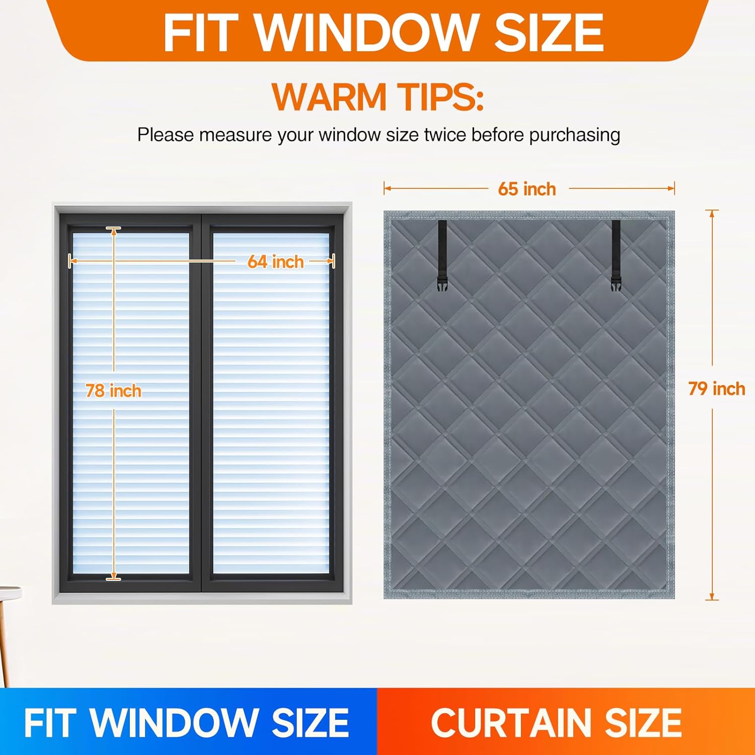 Winter Insulated Window Curtain 65"x79", Oxford Cloth Thermal Insulated Window Cover with Buckles,Heavy Duty Window Insulation Kit Fits Windows up to 64"x78",Grey