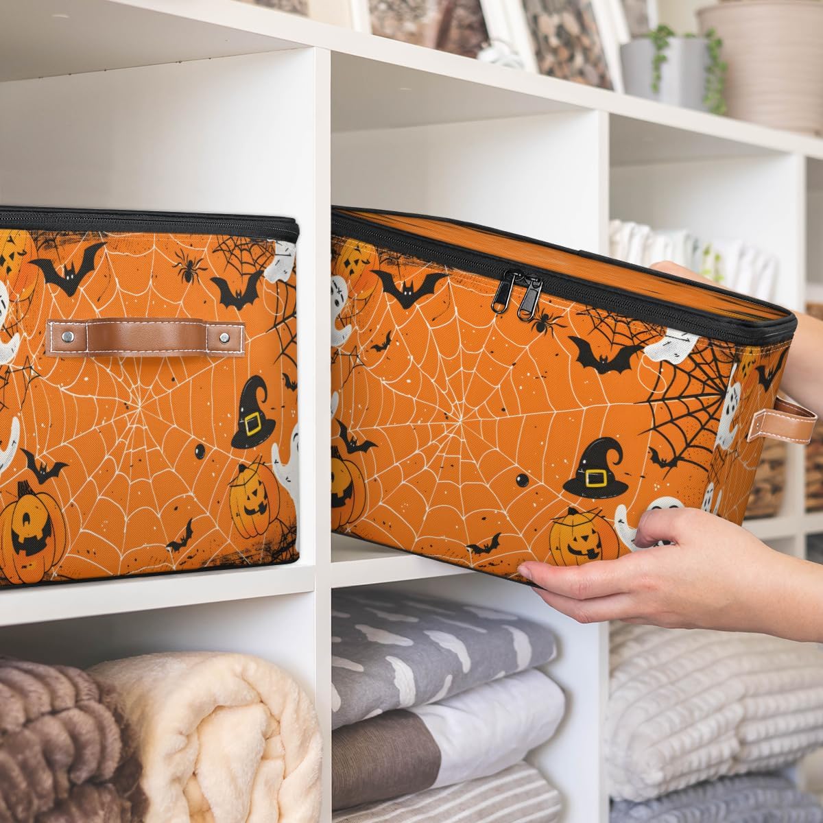 Storage Bin Set of 2 Ghost Spider Web Storage Basket with Zipper Lid & Handle Foldable Closet Shelf 2 Pack Cloth Organizer Basket Cube Bins Clothes Organizer for Bedroom, Nursery