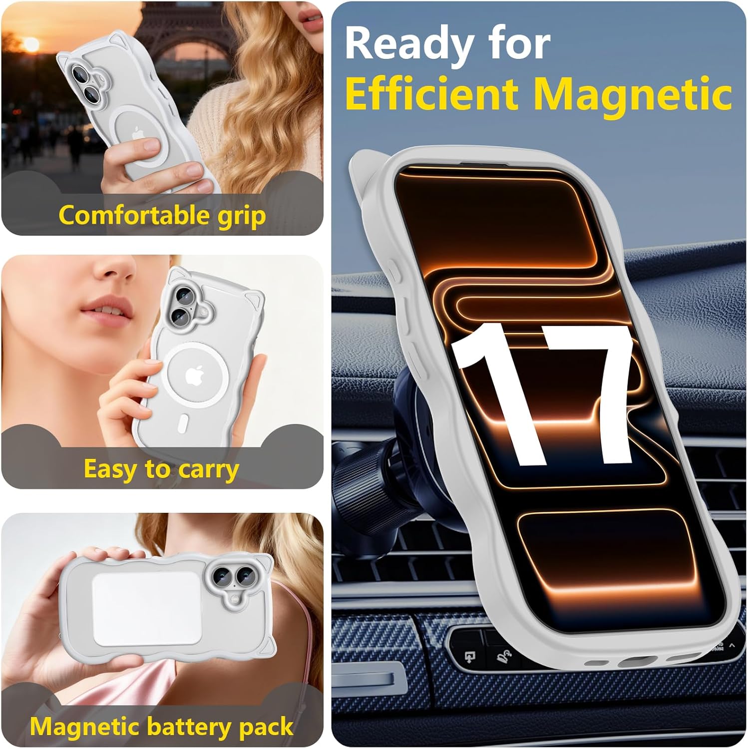 3 in 1 Magnetic for iPhone 17 Case for Women Girls,1X Screen Protector+1X Camera Lens Protector,Compatible with MagSafe,Translucent Matte,Cute Cat-Ear Wavy Phone Case,6.3",Milky White