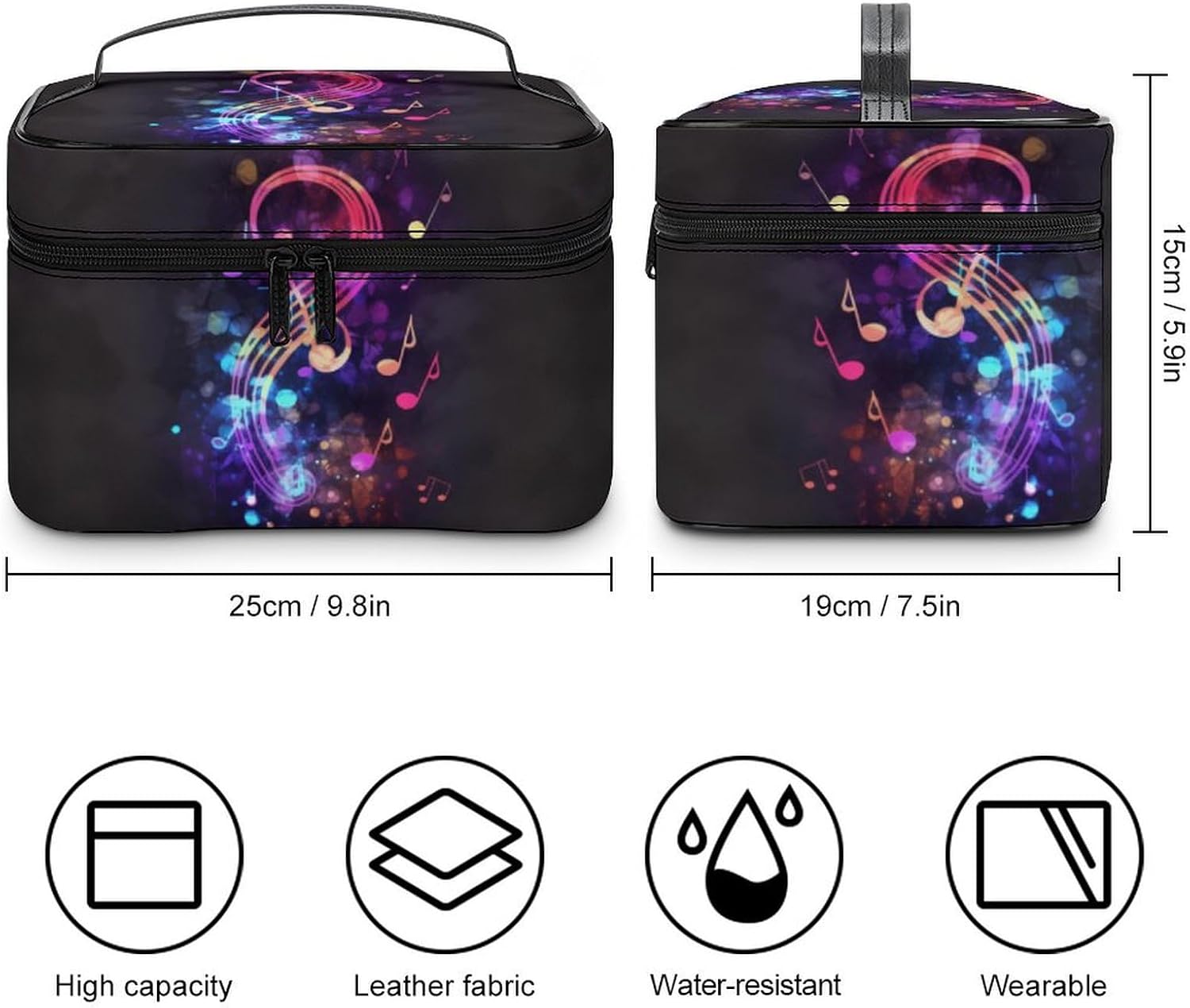 Makeup Bag Colorful Galaxy Music Note Printed Large Capacity Travel Make Up Bag for Cosmetics Vertical Storage Water-Resistant Leather Toiletry Organizer Skincare Makeup Organizer Bag image 2